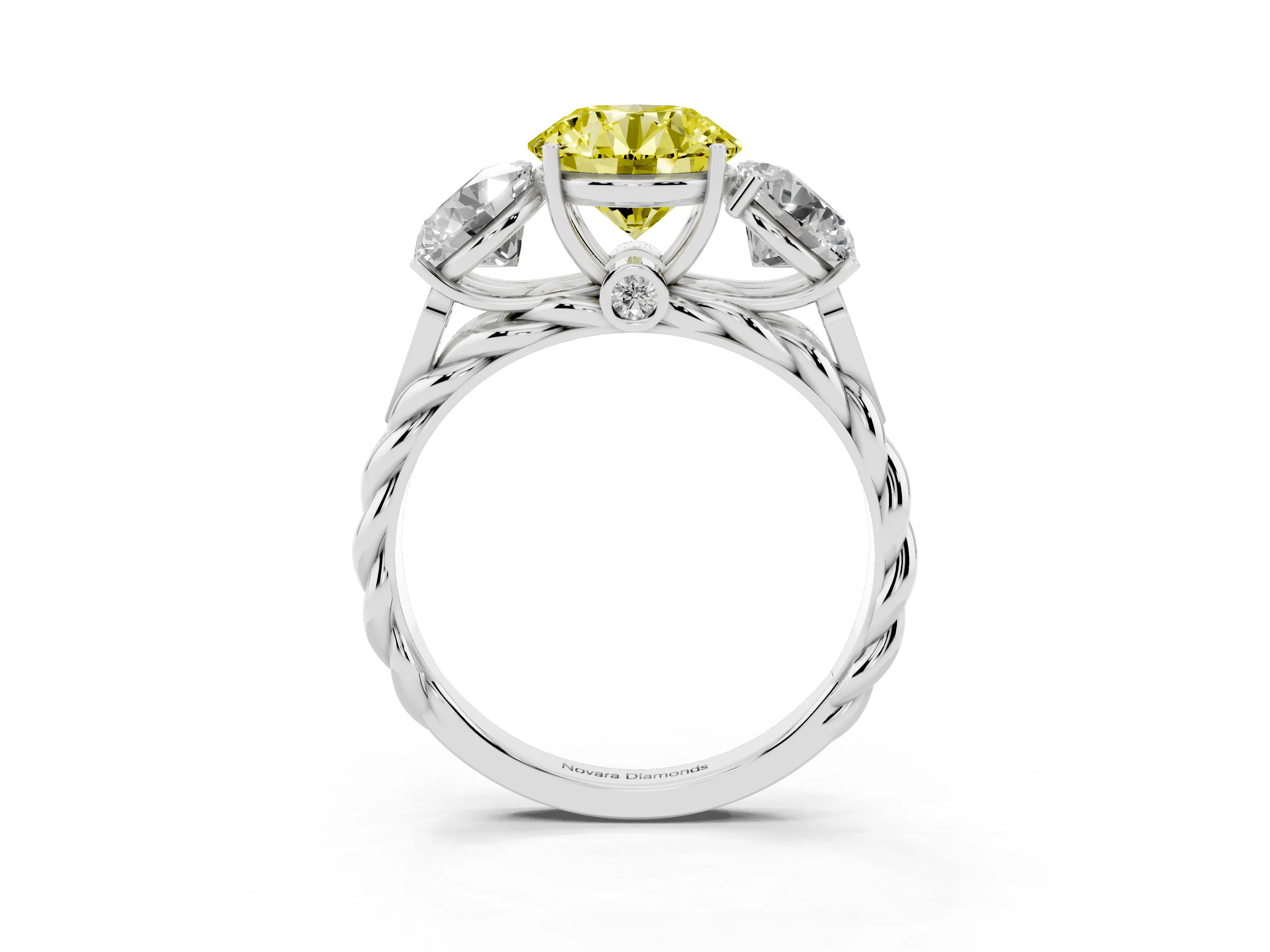 Fancy Yellow Round Cut Diamond Three-Stone Ring Set in Silver with Braided Band