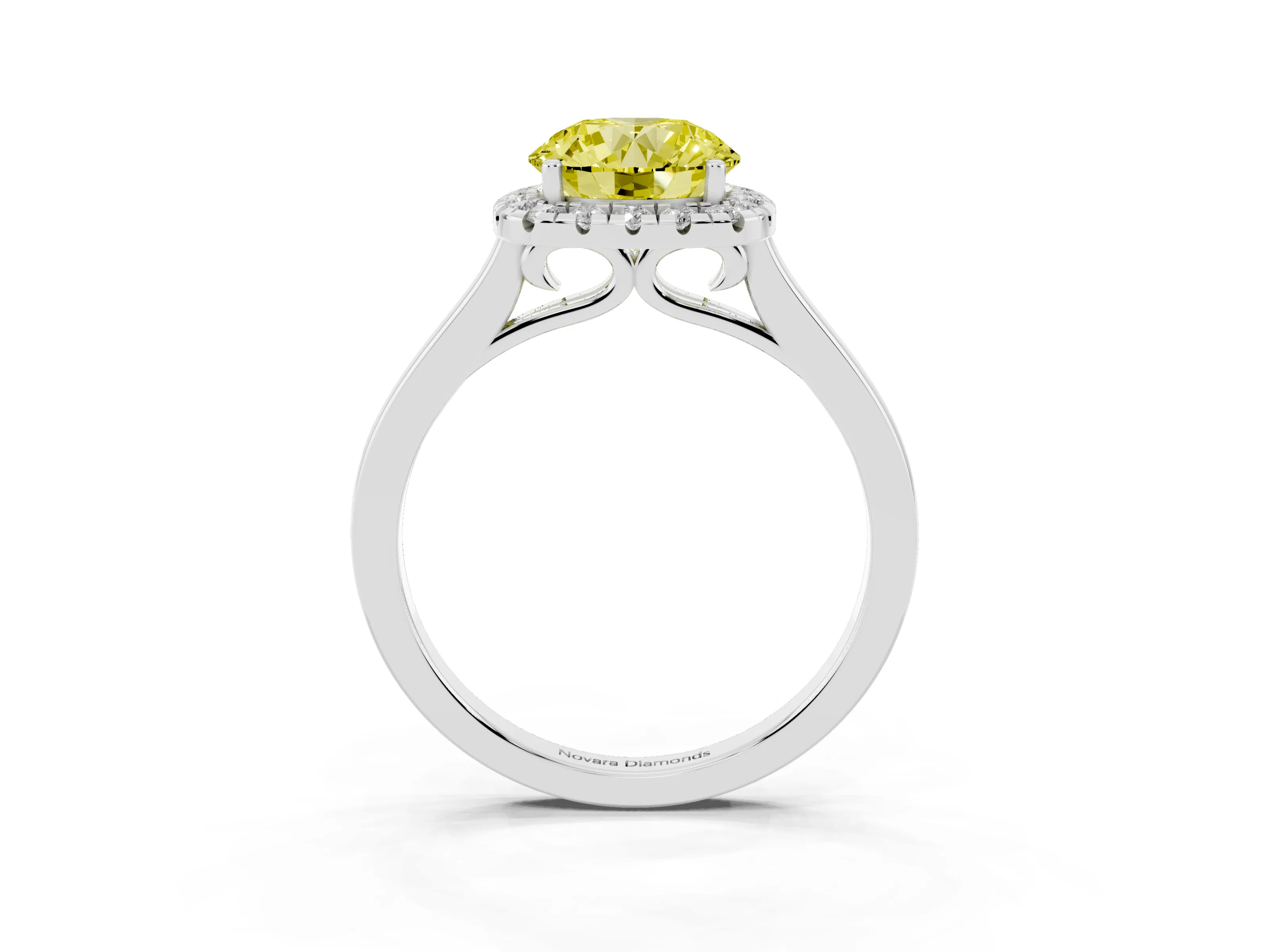 Fancy Yellow Round Cut Halo Round Diamond Solitaire Ring Set in Silver with Pavé Band and Prong Setting