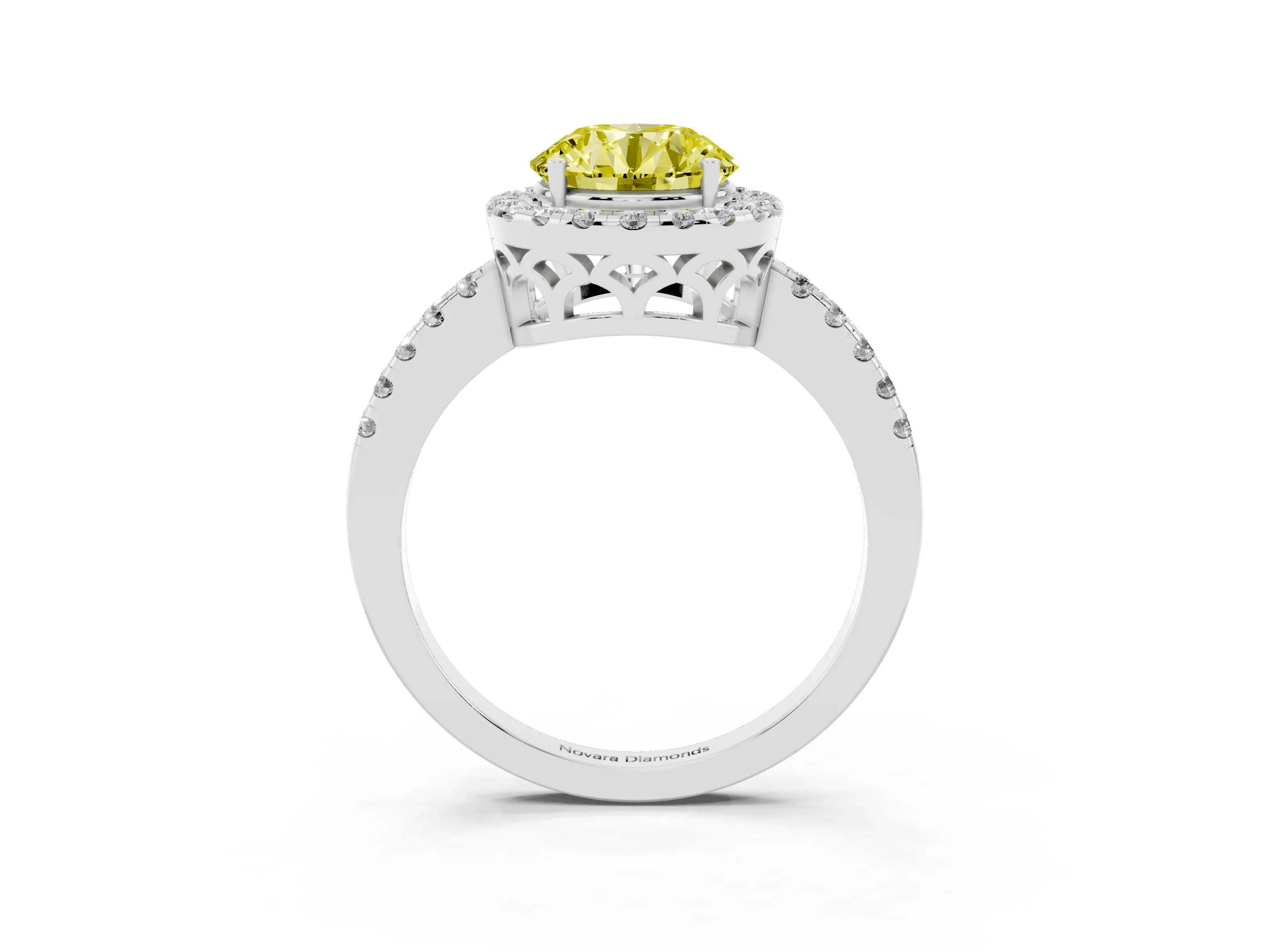 Fancy Yellow Round Cut Diamond Pavé Band Halo Engagement Ring Set in White gold with Prong Setting