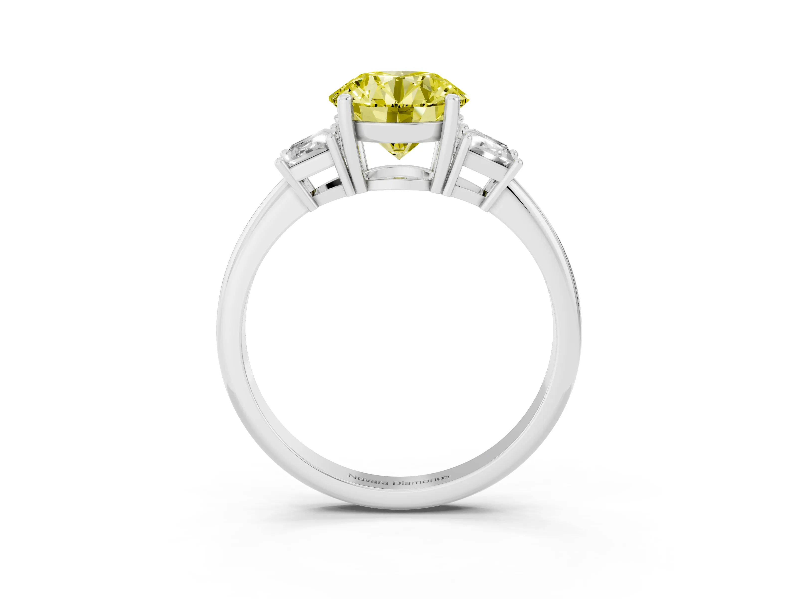 Fancy Yellow Round Cut Diamond Three-Stone Ring Set in White gold with Trapezoid Side Stones and Prong Setting