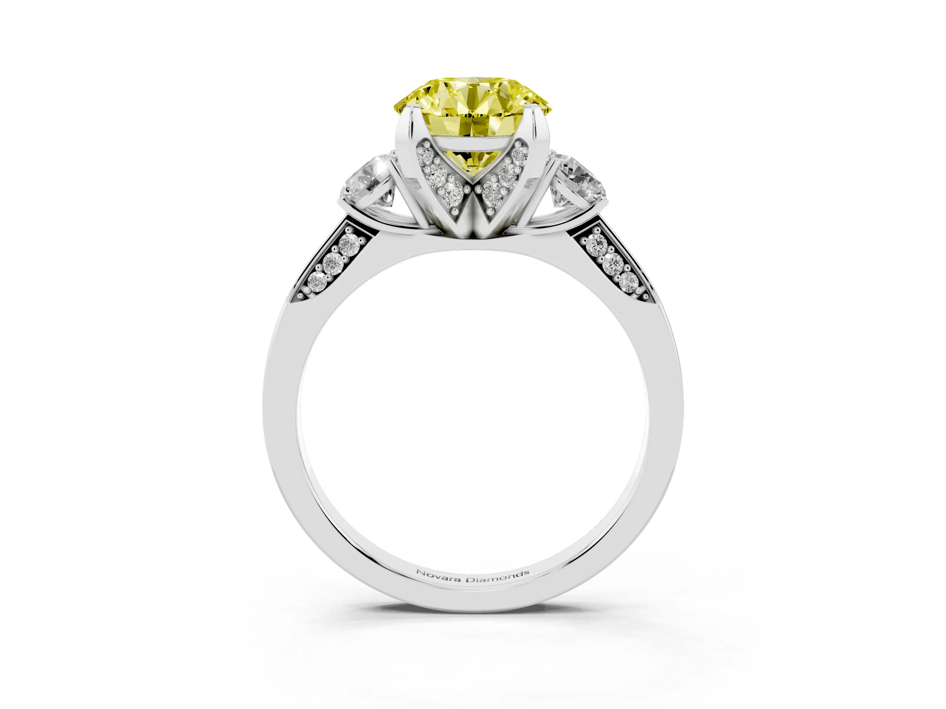 Fancy Yellow Round Cut Diamond Three-Stone Ring Set in Silver with Pavé Band and Smaller Side Stones