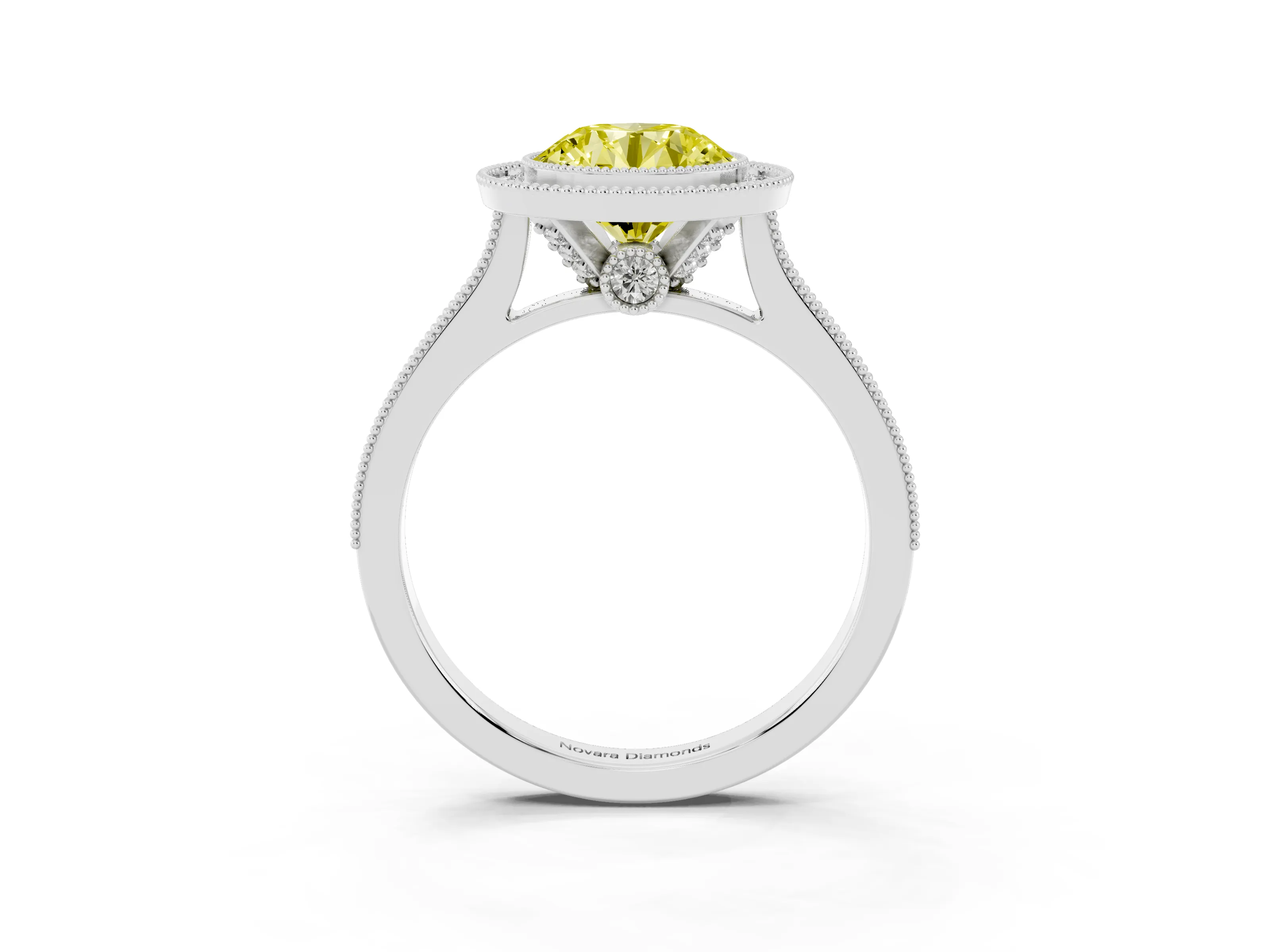 Fancy Yellow Round Cut Diamond Halo Milgrain Pavé Band Ring Set in Platinum with Prong Setting