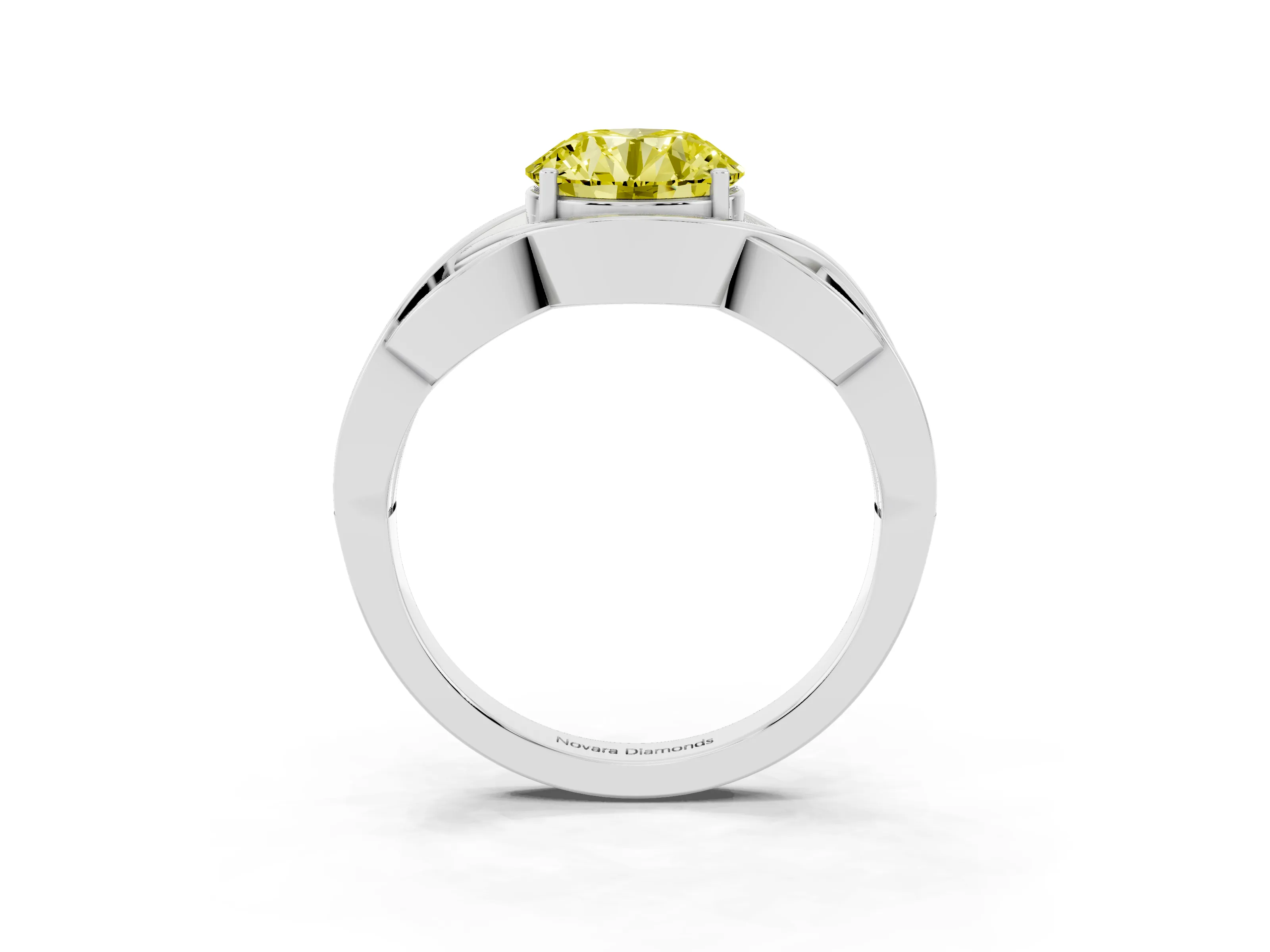 Fancy Yellow Round Cut Diamond Solitaire Ring Set in Platinum with Intertwined Band