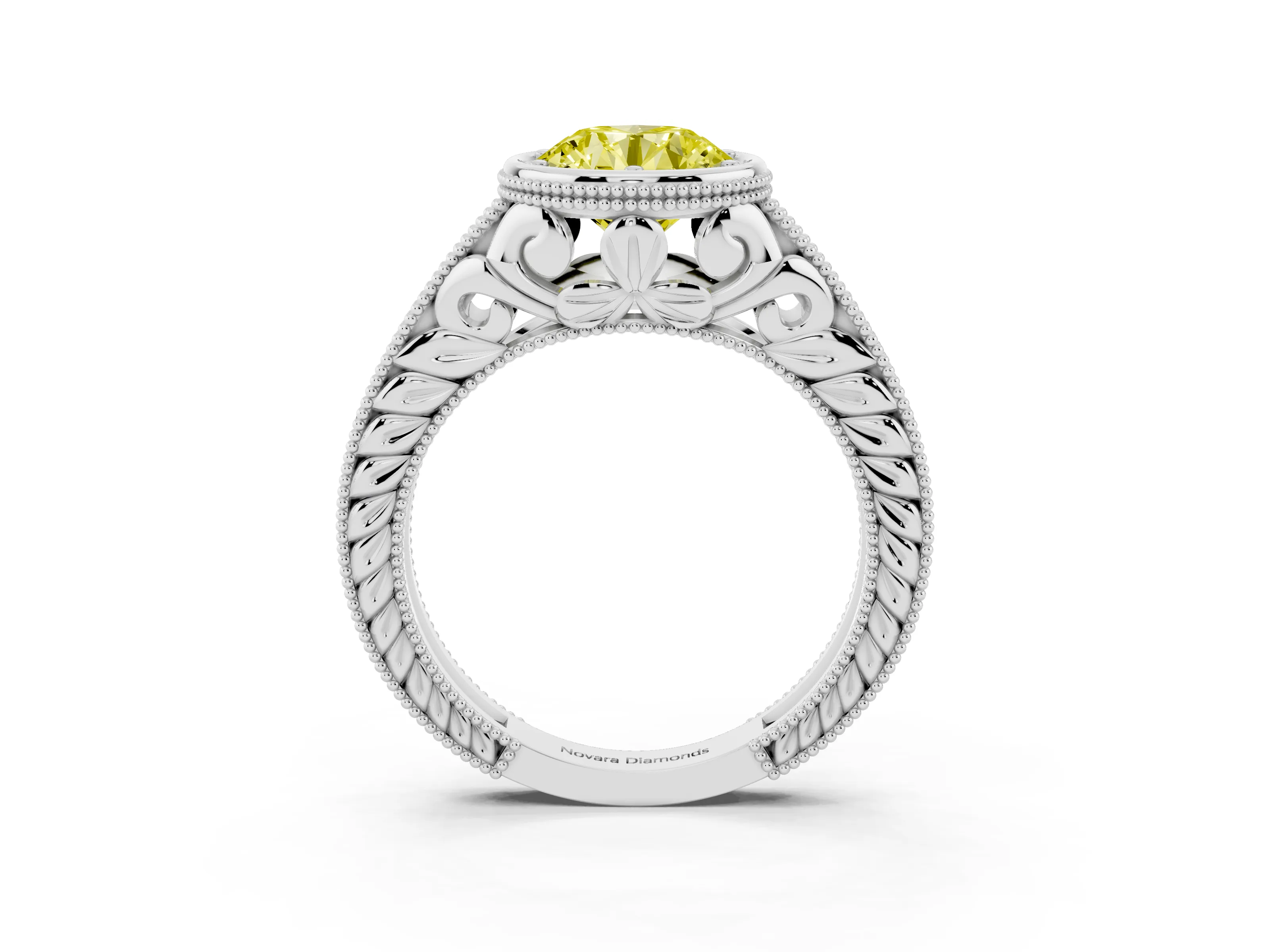 Fancy Yellow Bezel Set Round Cut Diamond Milgrain Pavé Engagement Ring Set in Silver