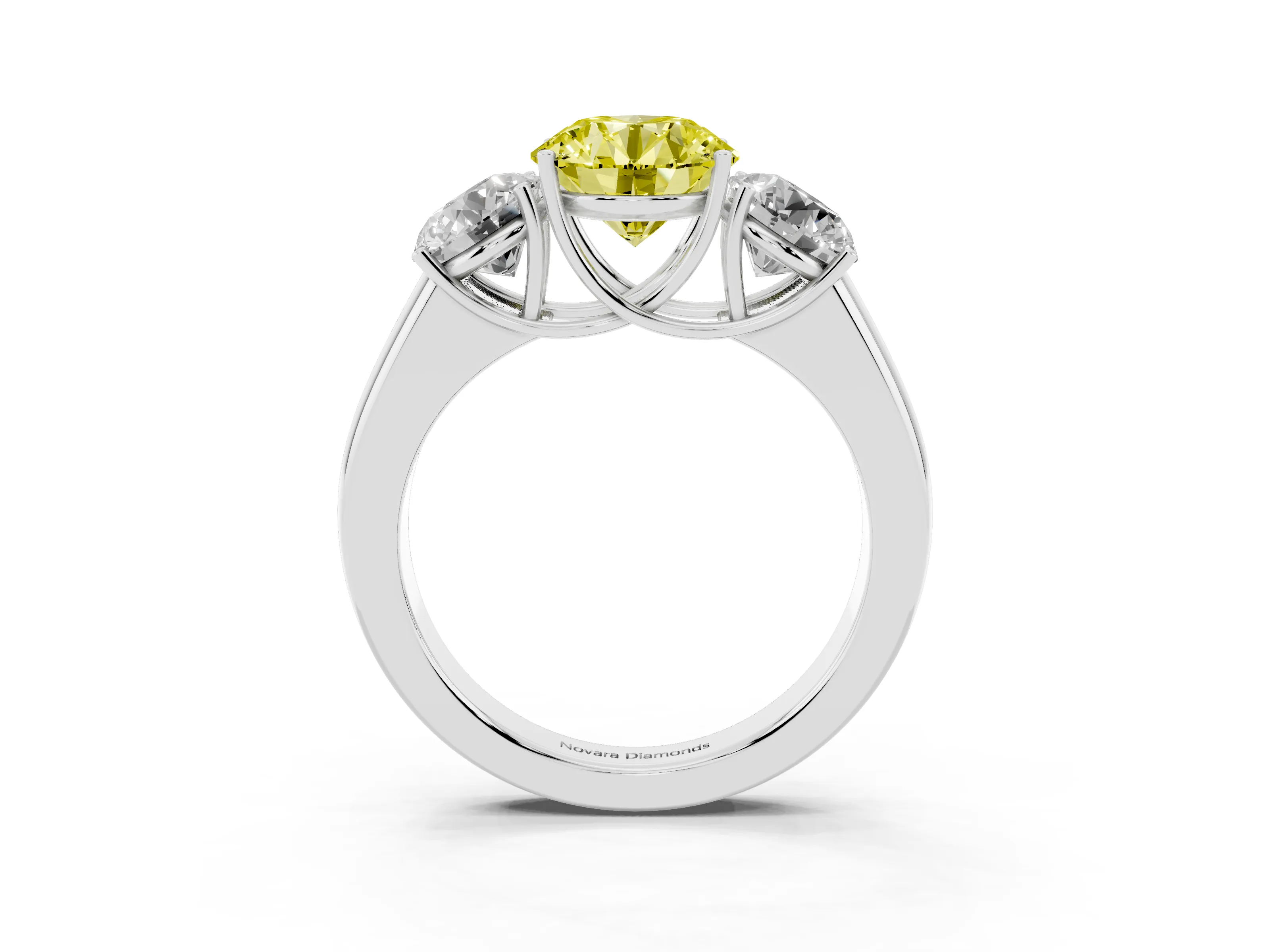 Fancy Yellow Three-Stone Round Cut Diamond Ring Set in White gold with Matching Prong Settings and Plain Band