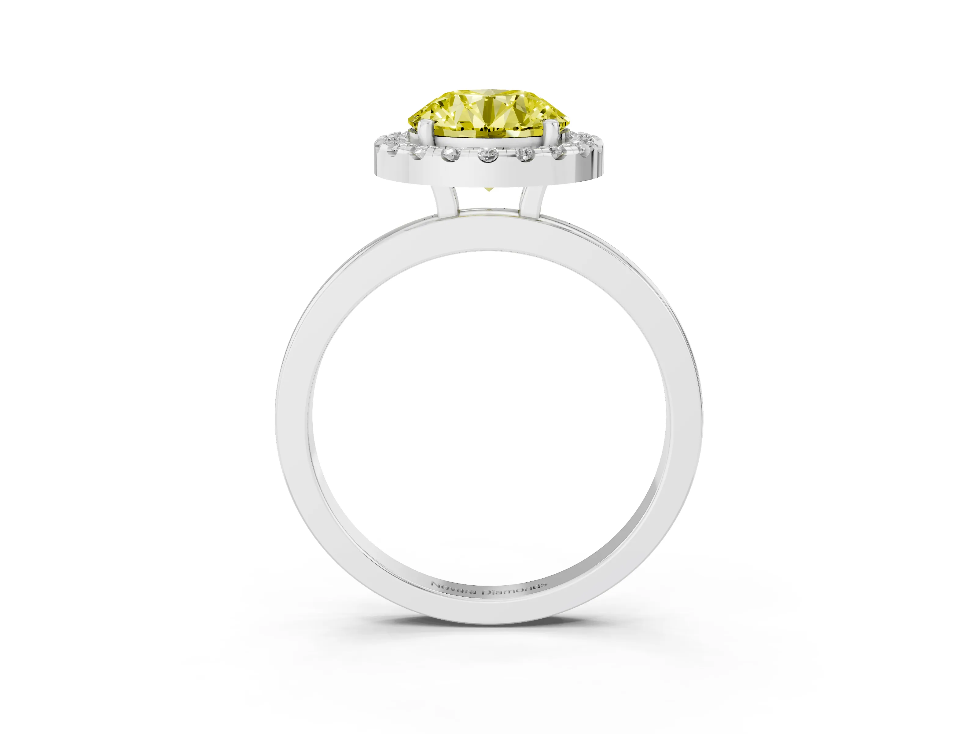 Fancy Yellow Round Cut Diamond Halo Solitaire Ring Set in White gold with Pavé Band and Prong Setting