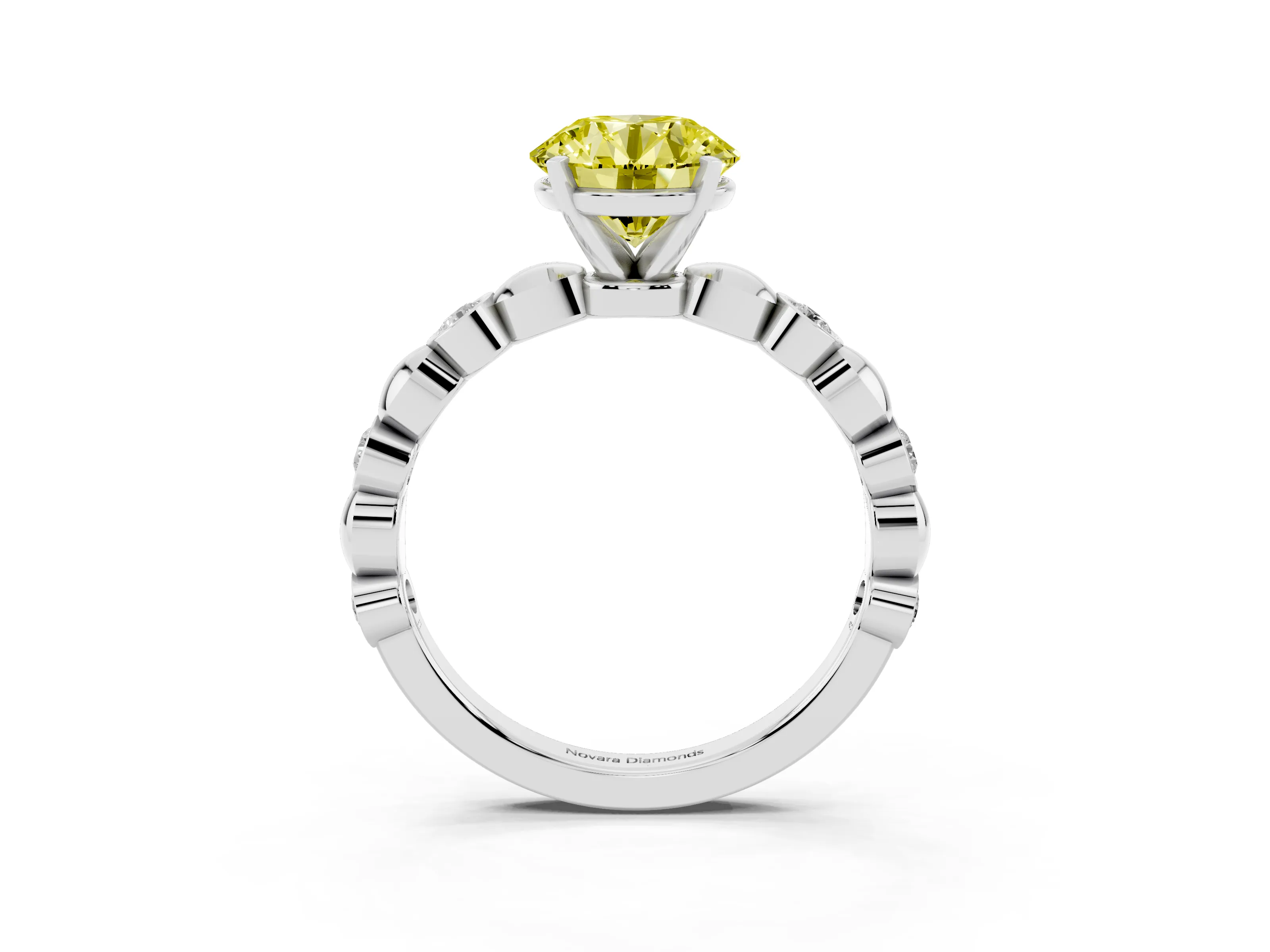 Fancy Yellow Round Cut Diamond Solitaire Ring Set in Silver with Bezel-Set Accents on Beaded Band and Prong Setting