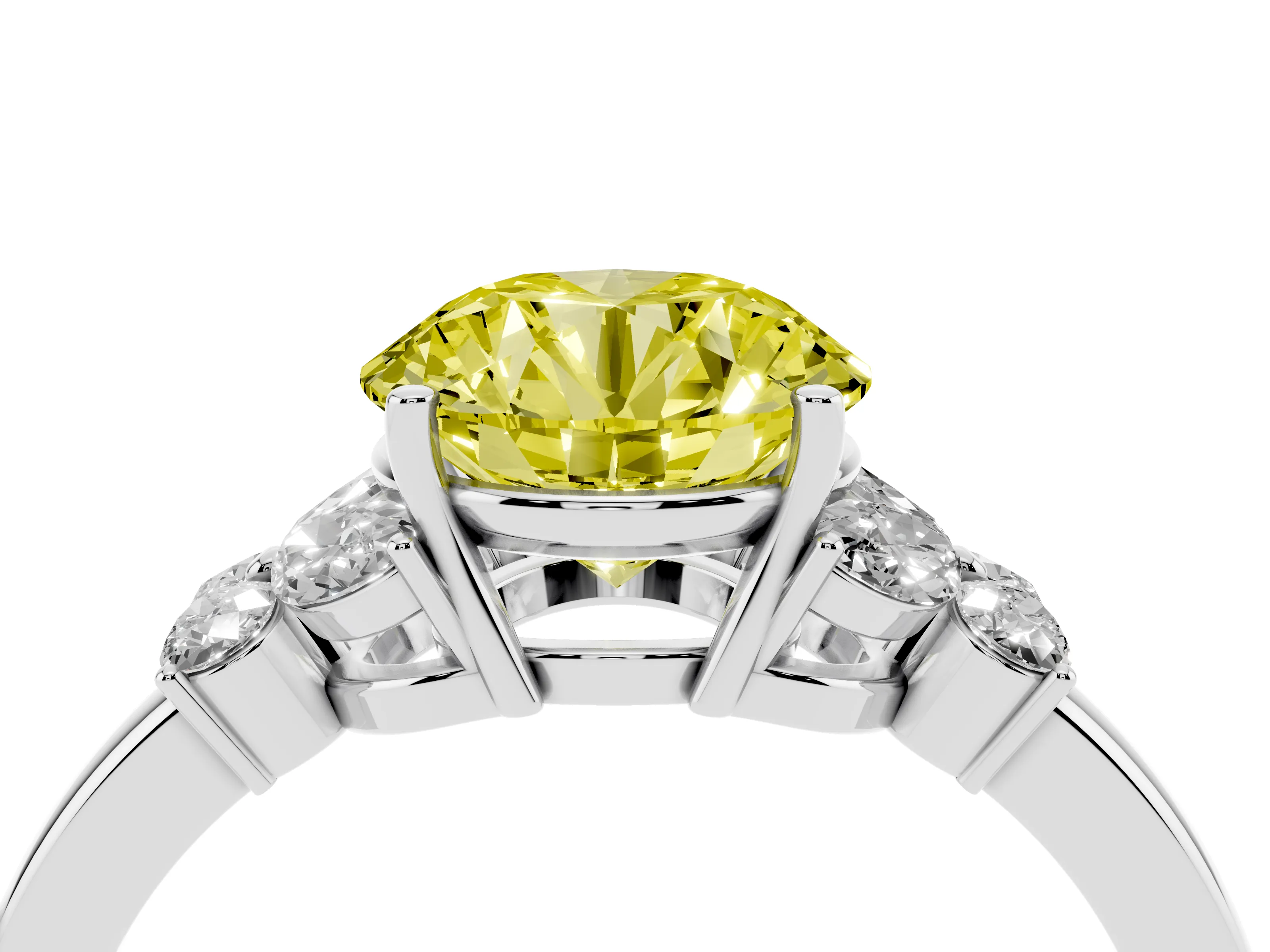 Fancy Yellow Round Cut Diamond Solitaire Floral Ring Set in Platinum with Marquise Petals and Prong Setting