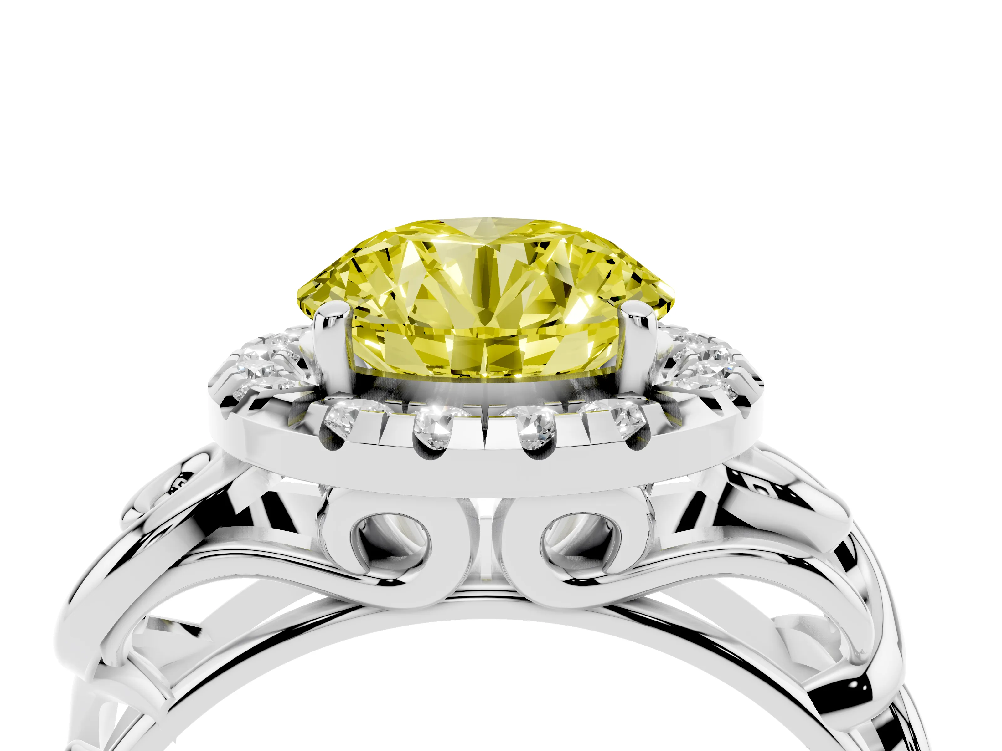 Fancy Yellow Round Cut Diamond Halo Ring Set in Platinum with Scrollwork Band and Prong Setting
