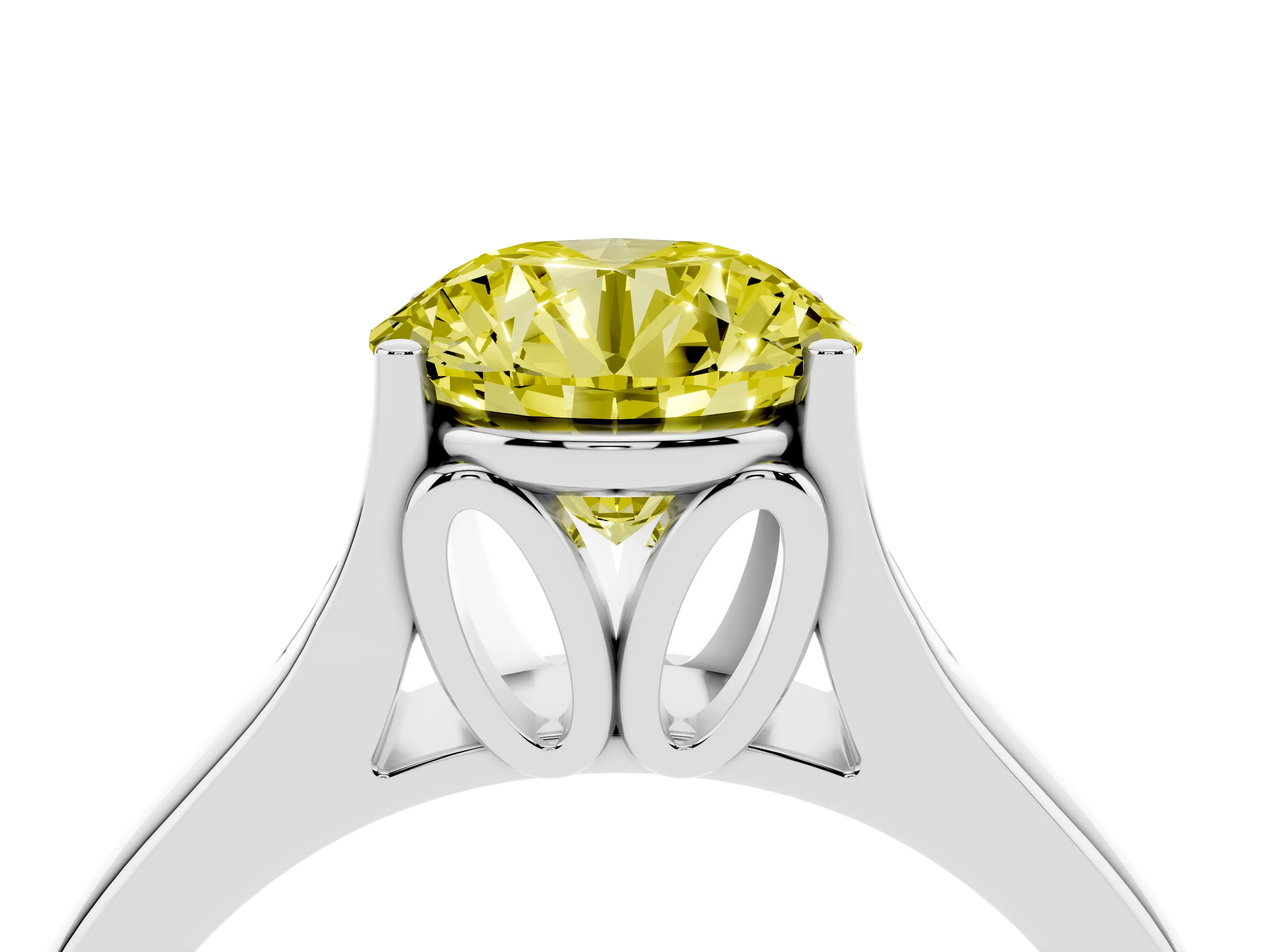 Fancy Yellow Round Cut Diamond Solitaire Ring Set in White gold with Arched Cathedral Band and Prong Setting