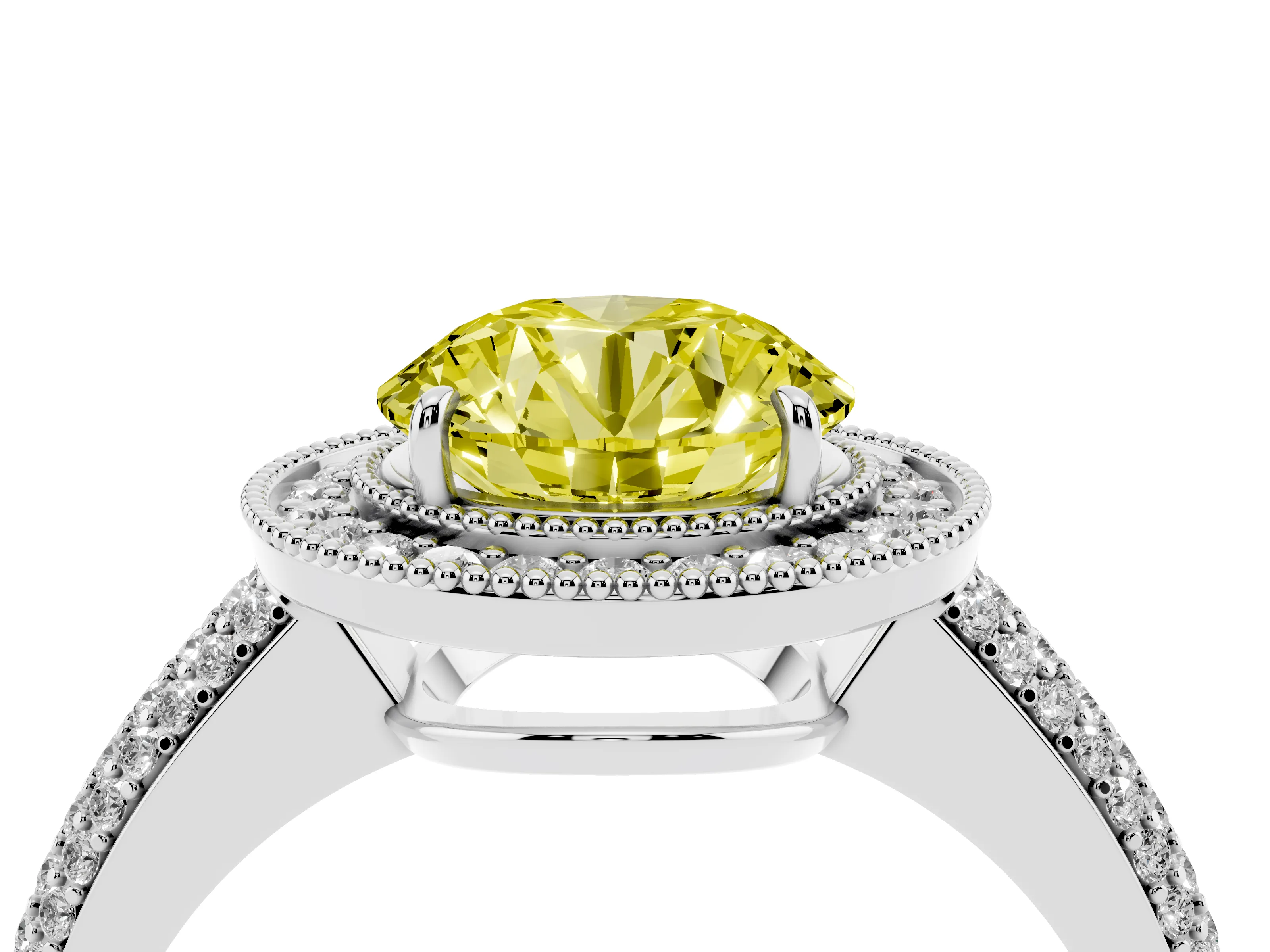 Fancy Yellow Round Cut Diamond Halo Pavé Band Set in Silver with Prong Setting