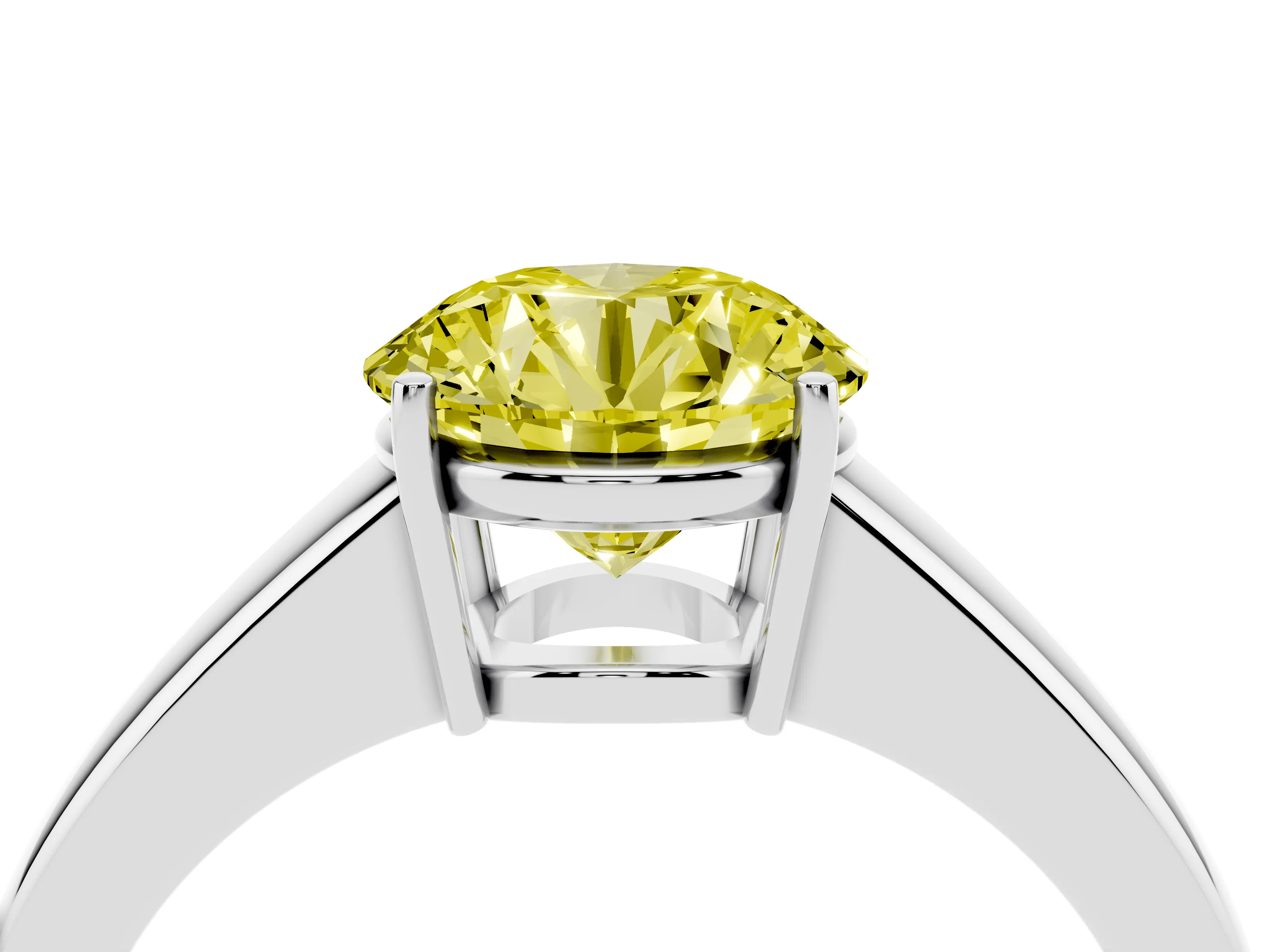 Fancy Yellow Round Cut Diamond Solitaire Ring Set in Silver with Tapered Band and Prong Setting