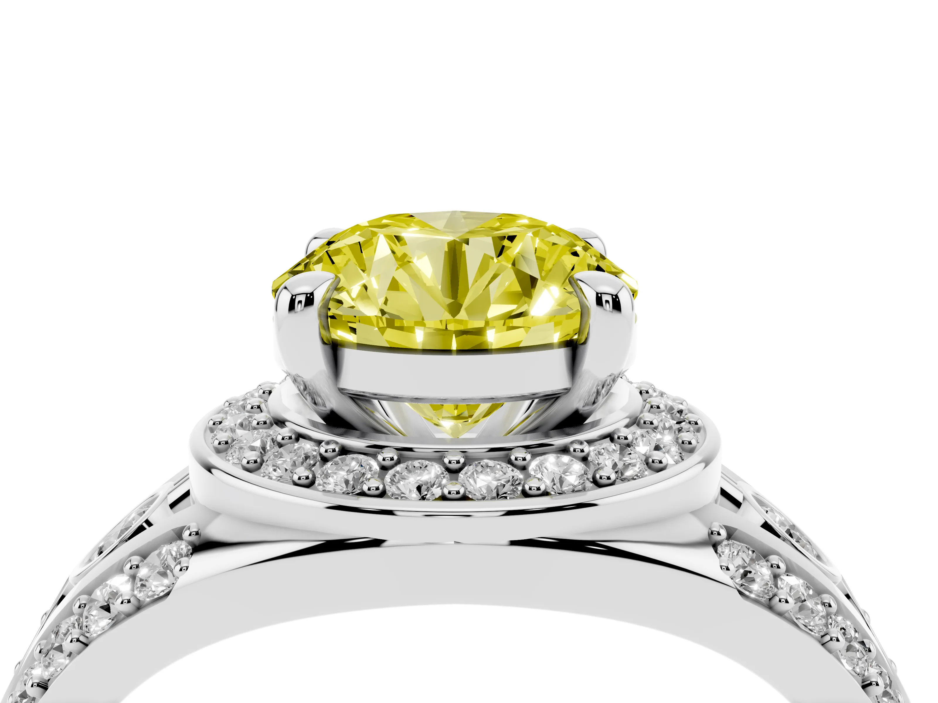 Fancy Yellow Round Cut Diamond Halo Ring Set in Silver with Pavé Split Shank and Bezel Accents