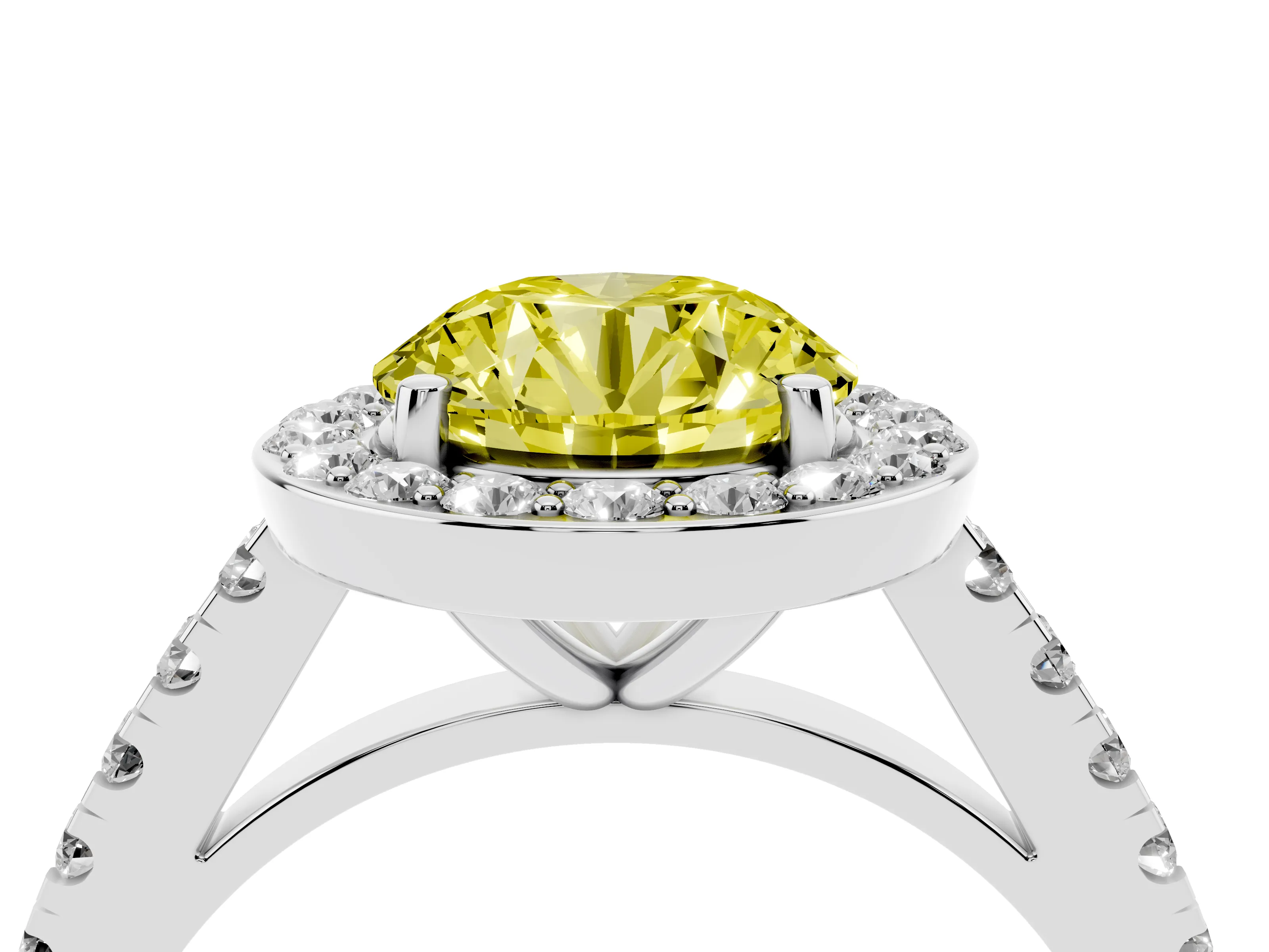 Fancy Yellow Round Cut Diamond Halo Ring Set in Platinum with Round Pavé Split Shank and Prong Setting