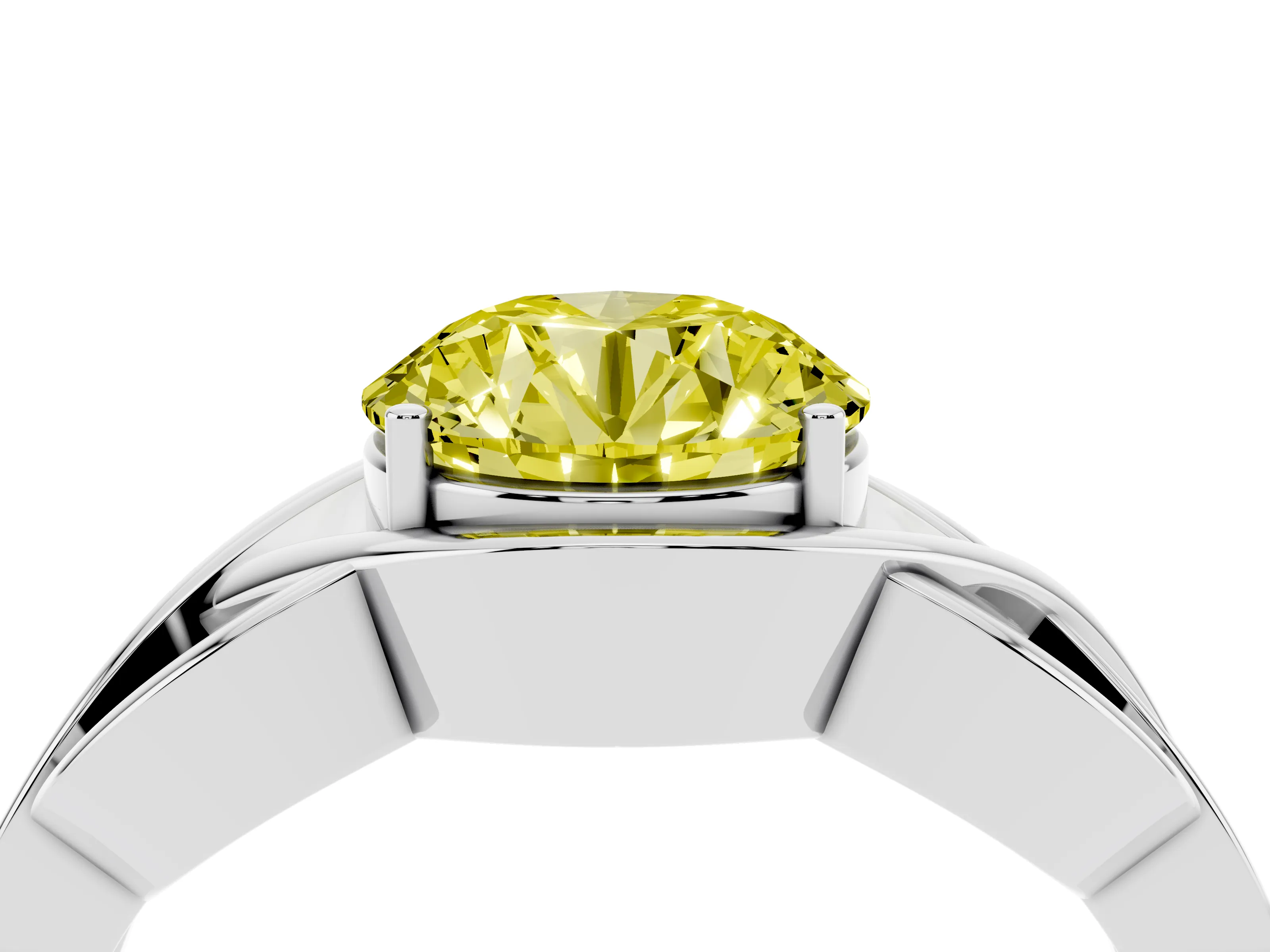 Fancy Yellow Round Cut Diamond Solitaire Ring Set in Platinum with Intertwined Band