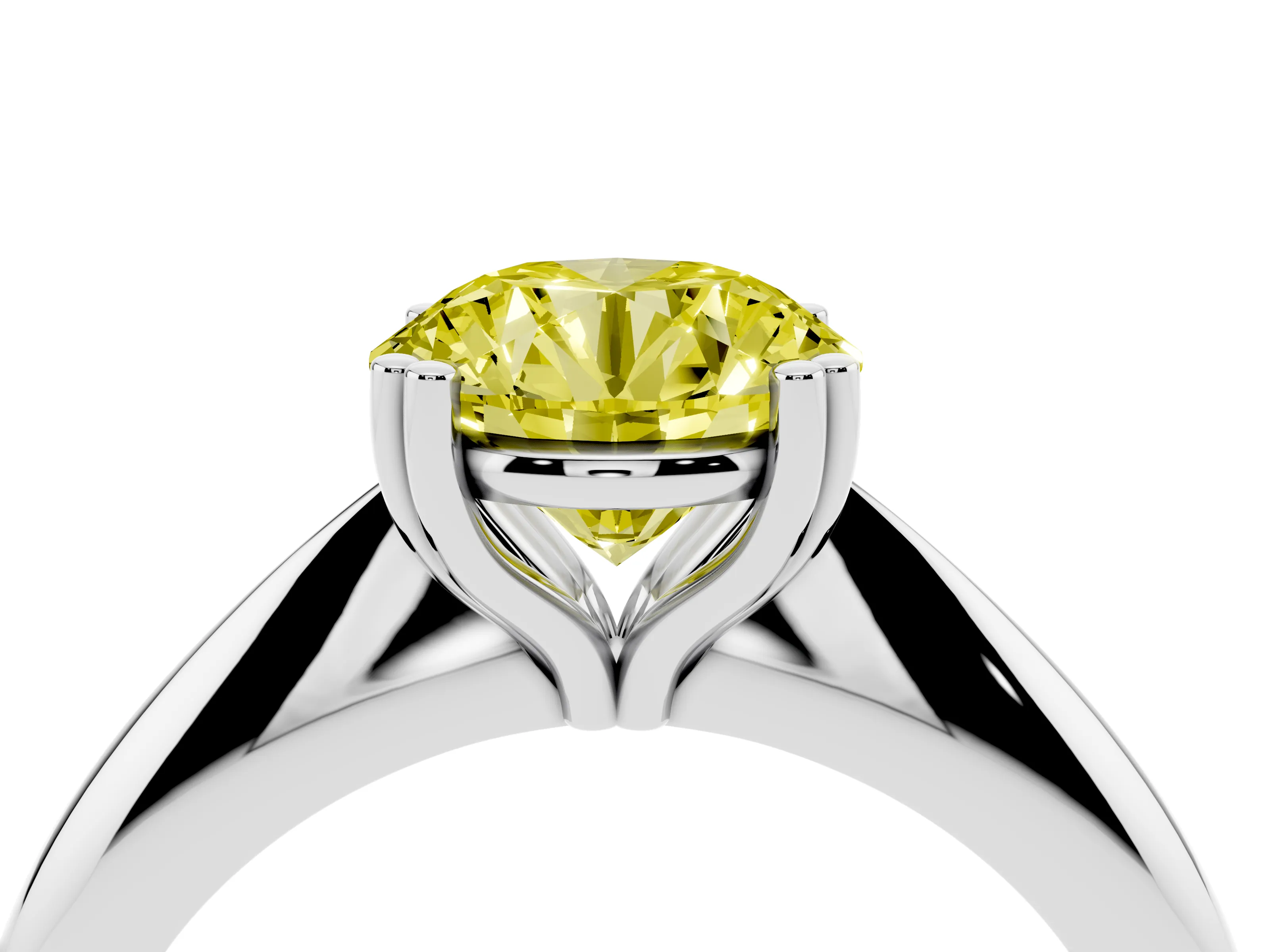 Fancy Yellow Round Cut Diamond Solitaire Engagement Ring Set in White gold with Tapered Band and Prong Setting