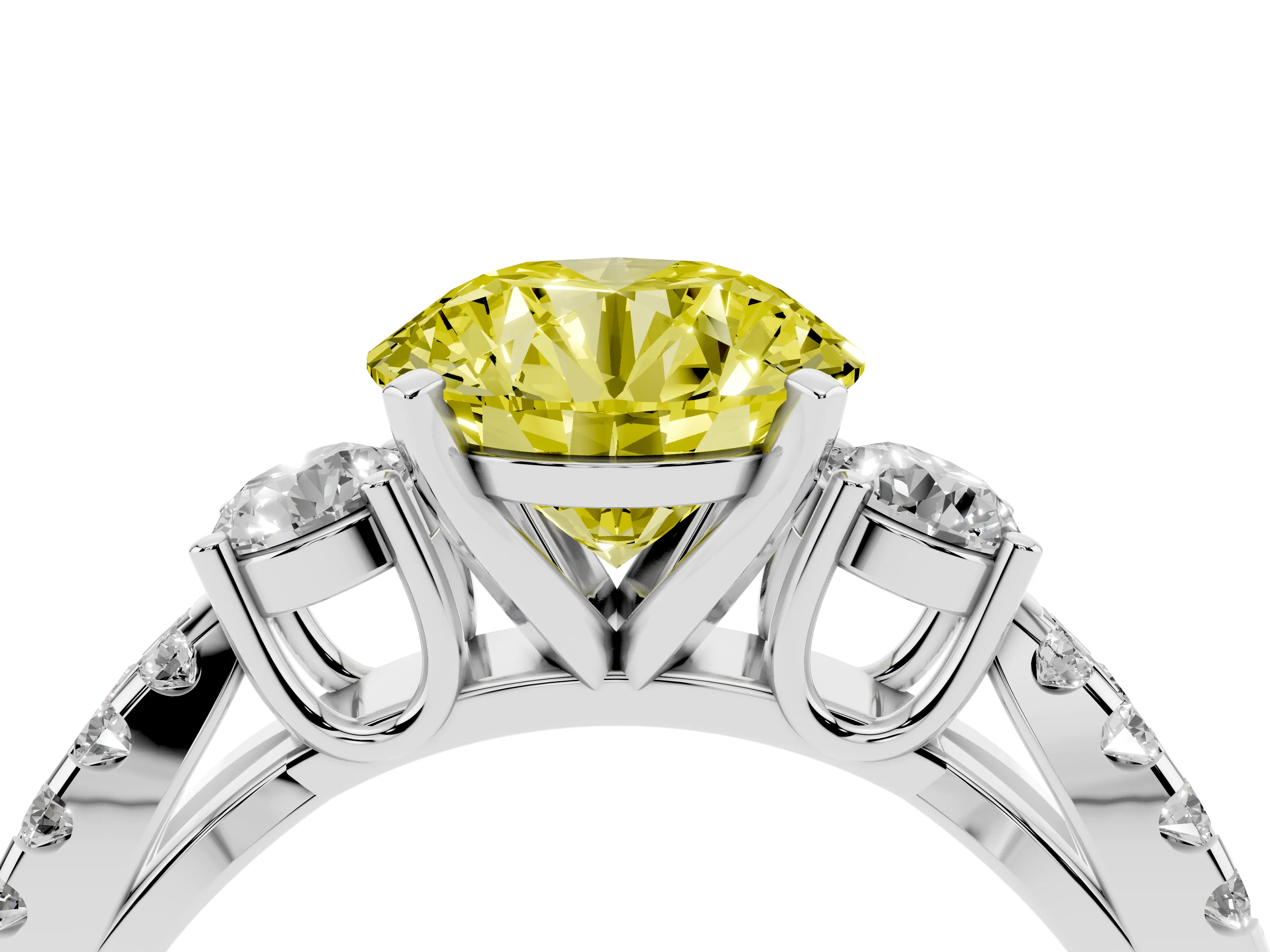 Fancy Yellow Round Cut Diamond Three-Stone Ring Set in White gold with Pavé Split Shank and Prong Setting