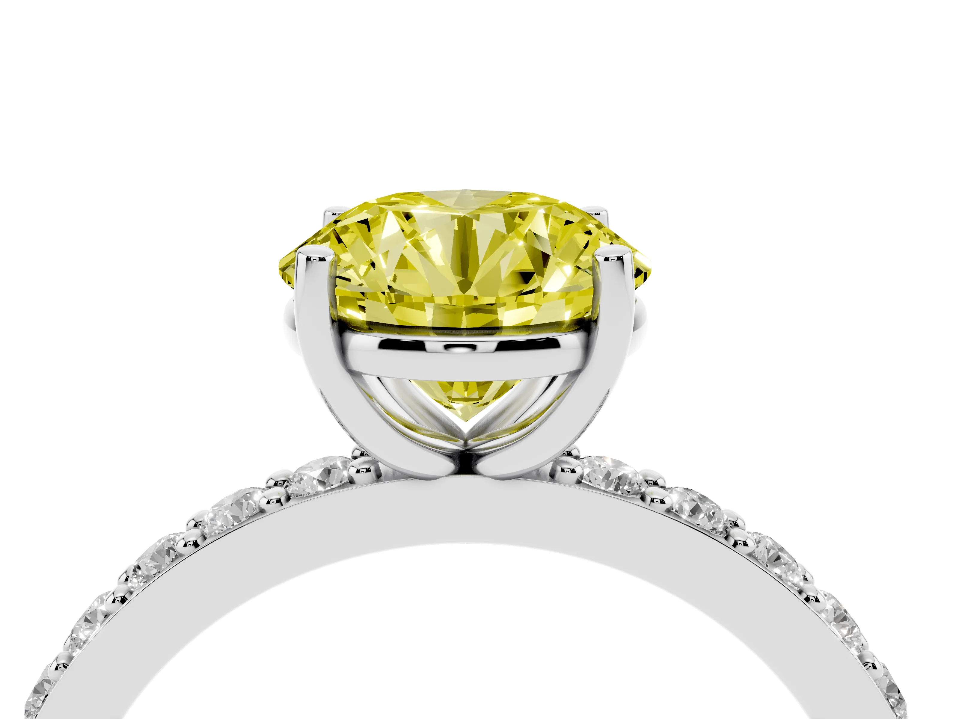 Fancy Yellow Round Cut Diamond Solitaire Set in Silver with Round Pavé Band and Prong Setting