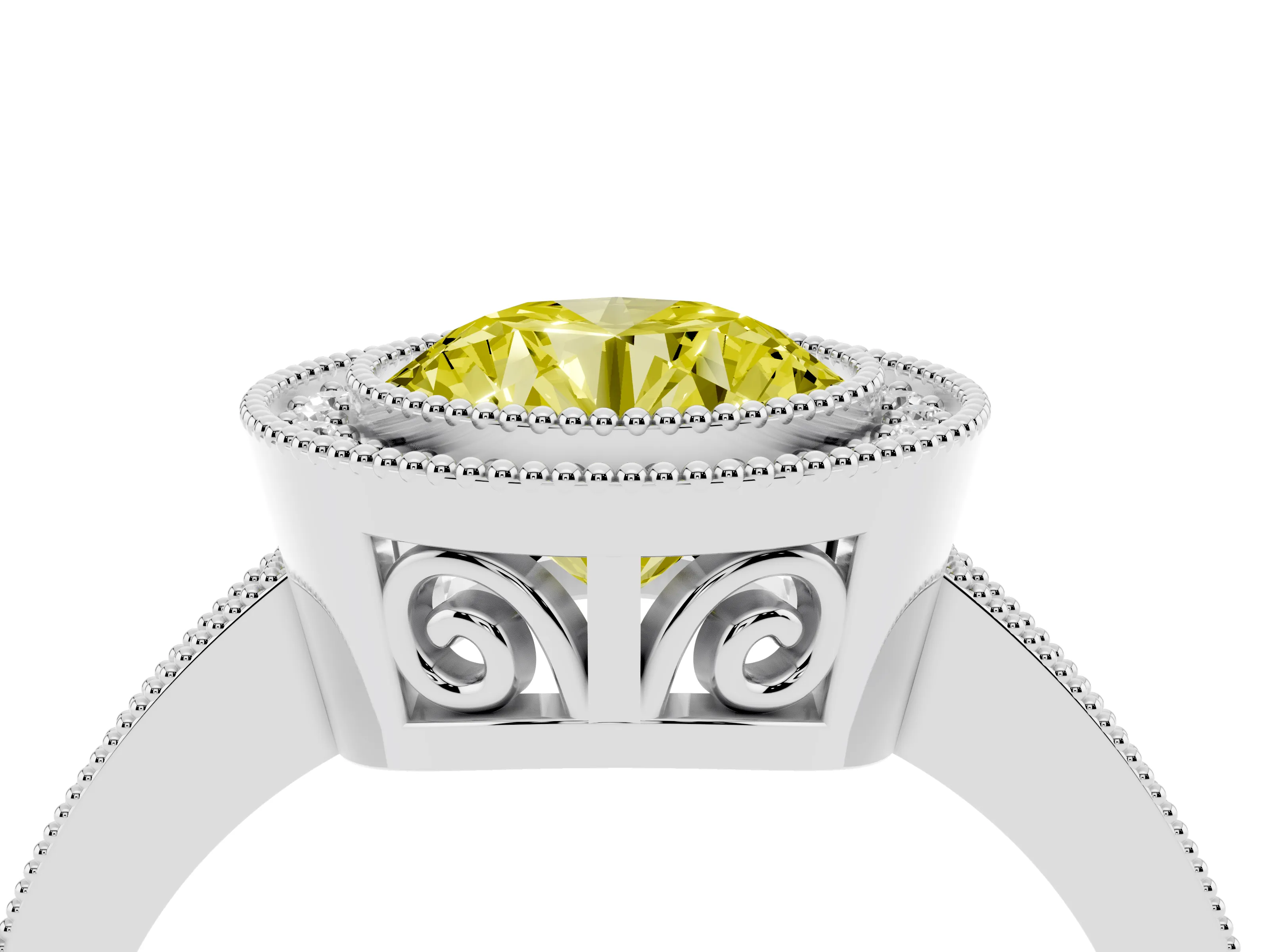 Fancy Yellow Round Cut Diamond Round Halo Ring Set in White gold with Pavé Band