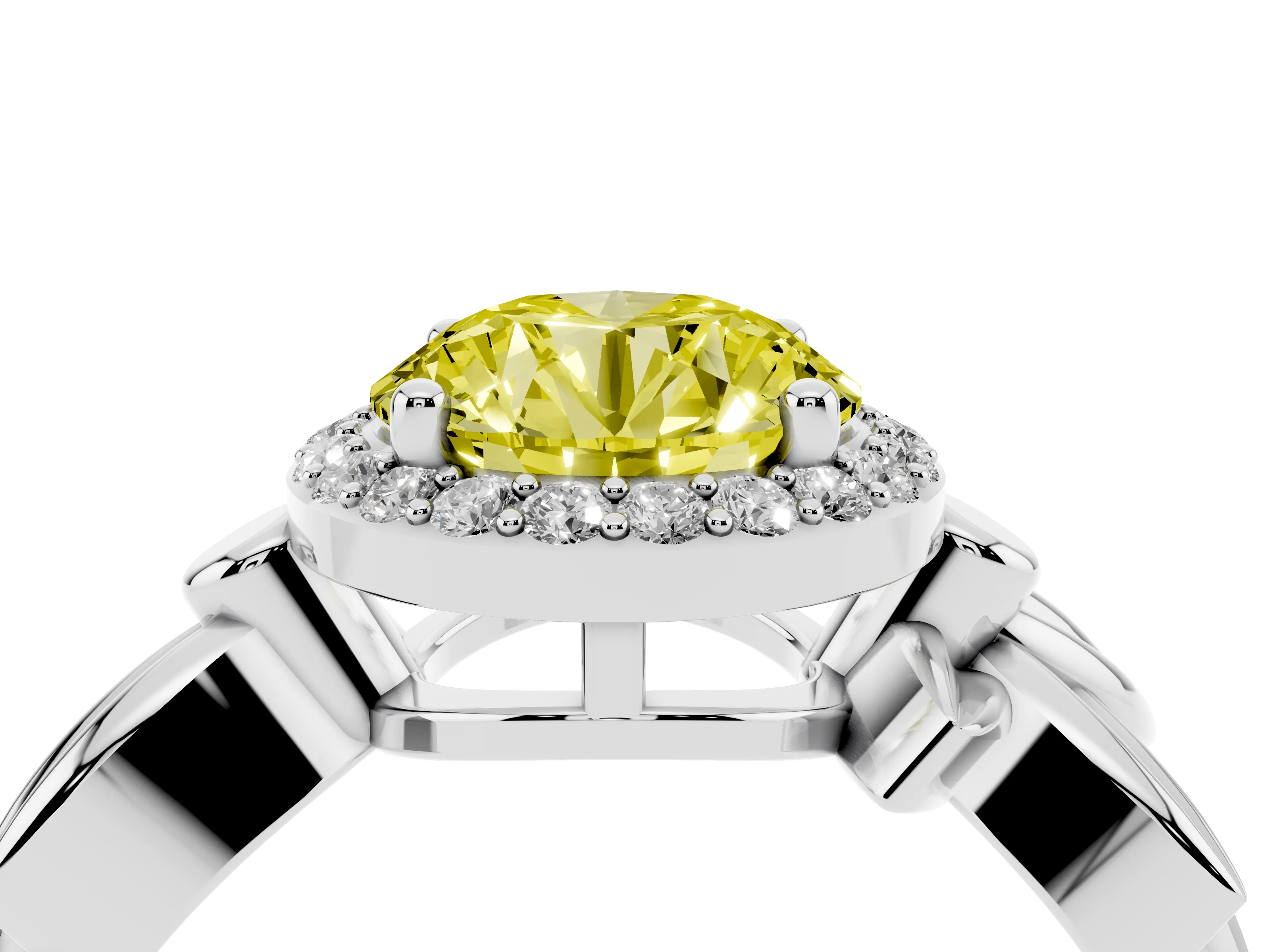 Fancy Yellow Round Cut Diamond Halo Floral Band Ring Set in Silver with Prong Setting