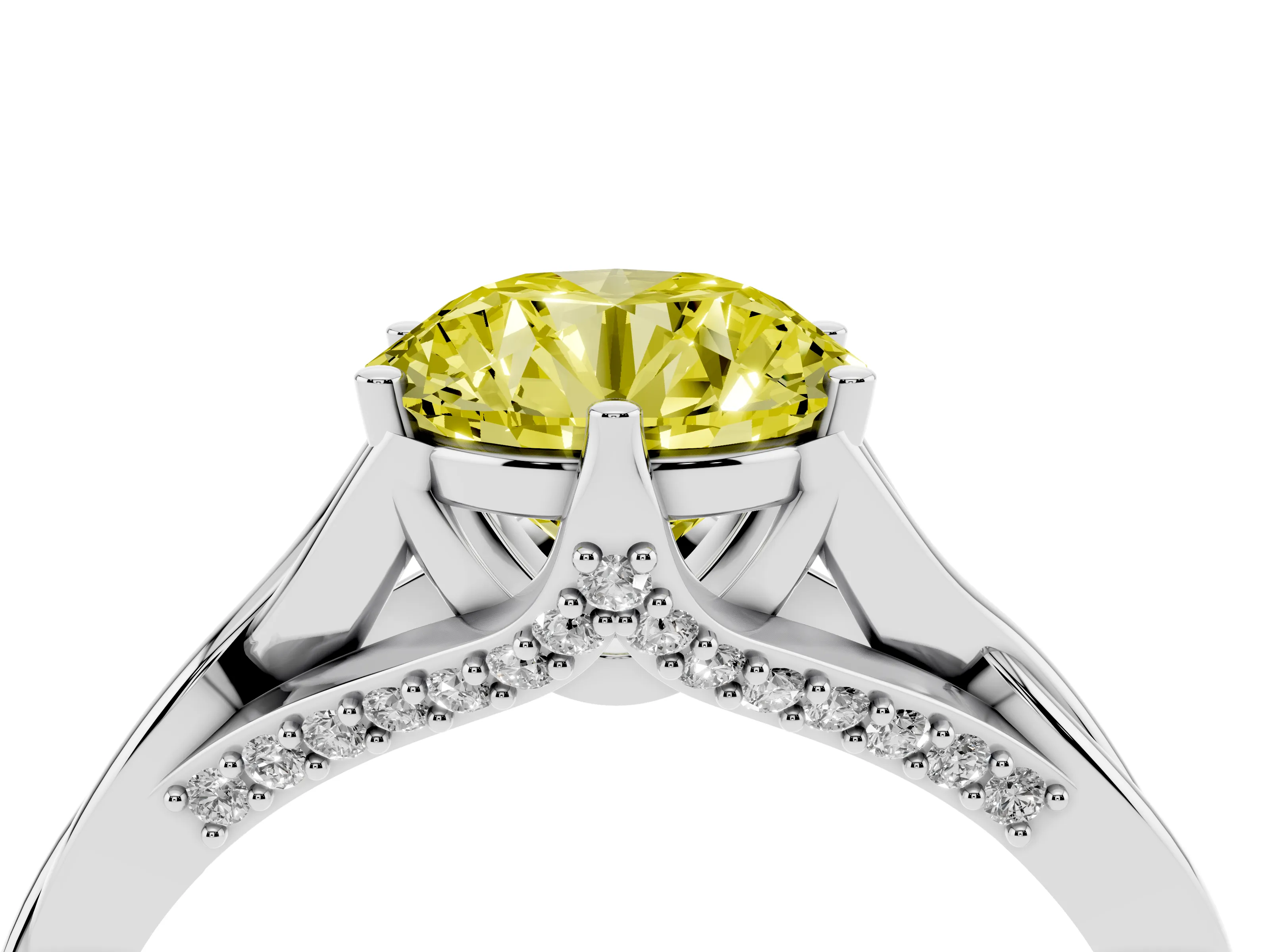 Fancy Yellow Round Cut Diamond Intertwined Twist Band Solitaire Ring Set in White gold with Prong Setting