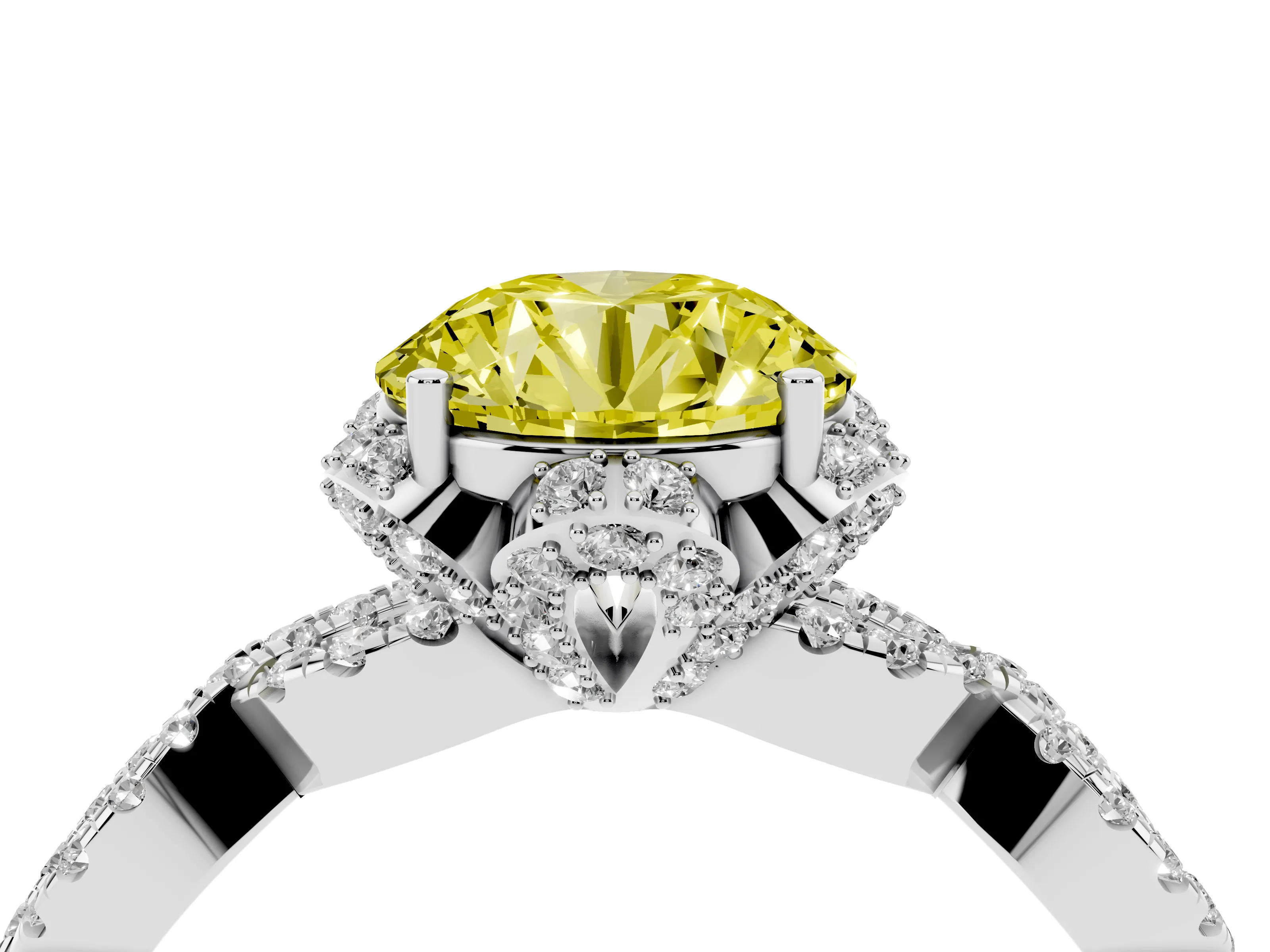 Fancy Yellow Round Cut Diamond Halo Twist Band Solitaire Ring Set in White gold with Prong-Set Center Stone