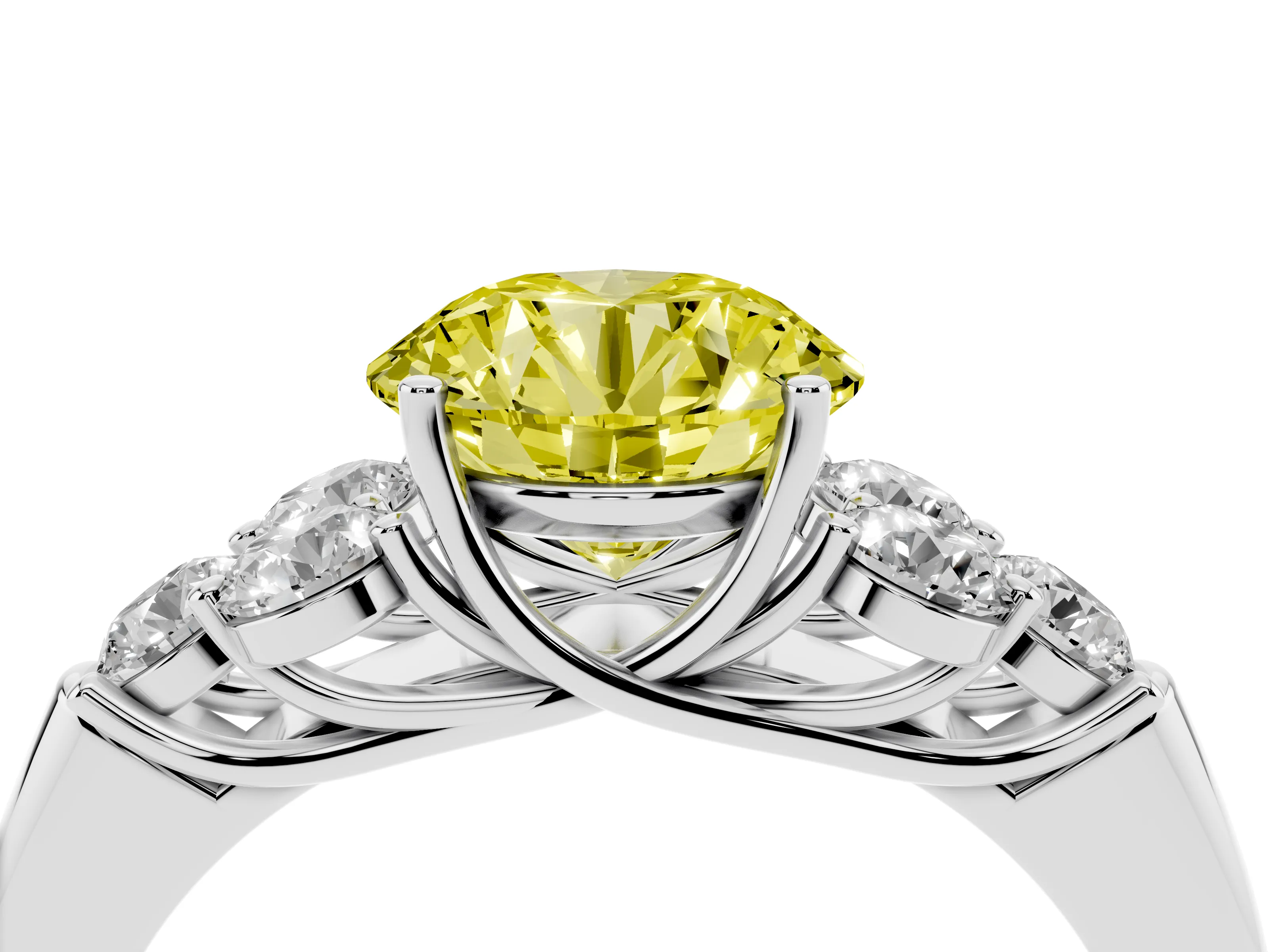 Fancy Yellow Round Cut Diamond Cluster Ring Set in Platinum with Round Accent Stones and Prong Setting on a Plain Band