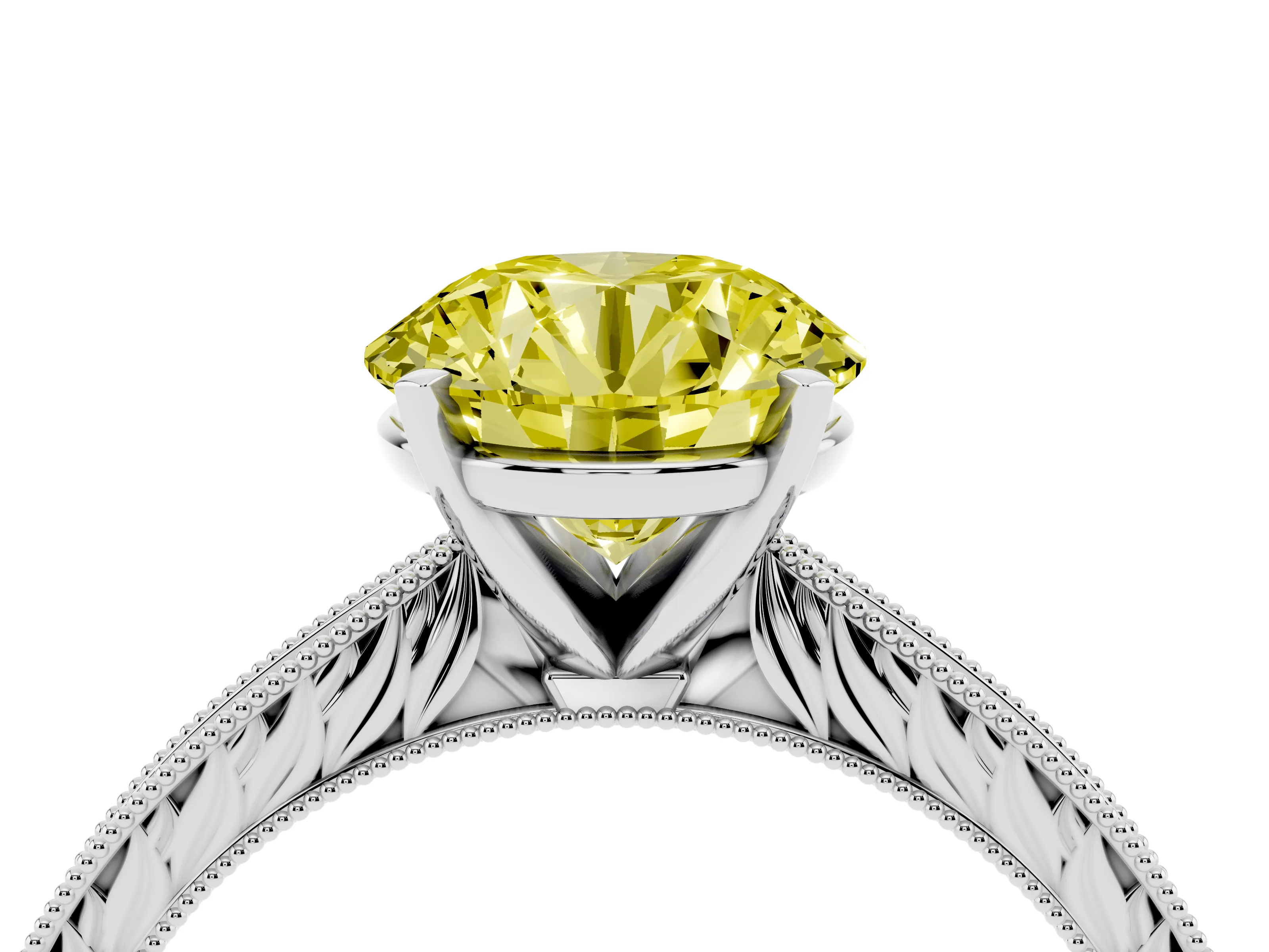 Fancy Yellow Round Cut Diamond Solitaire Milgrain Engraved Band Set in Platinum with Prong Setting