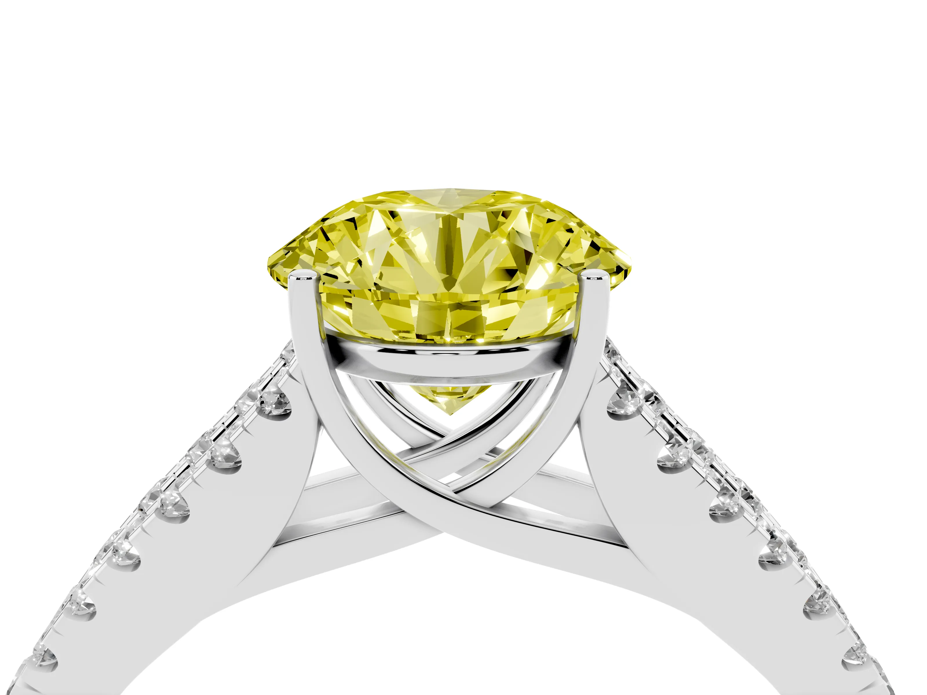 Fancy Yellow Round Cut Diamond Split Shank Pavé Engagement Ring Set in Silver with Prong-Held Center Stone