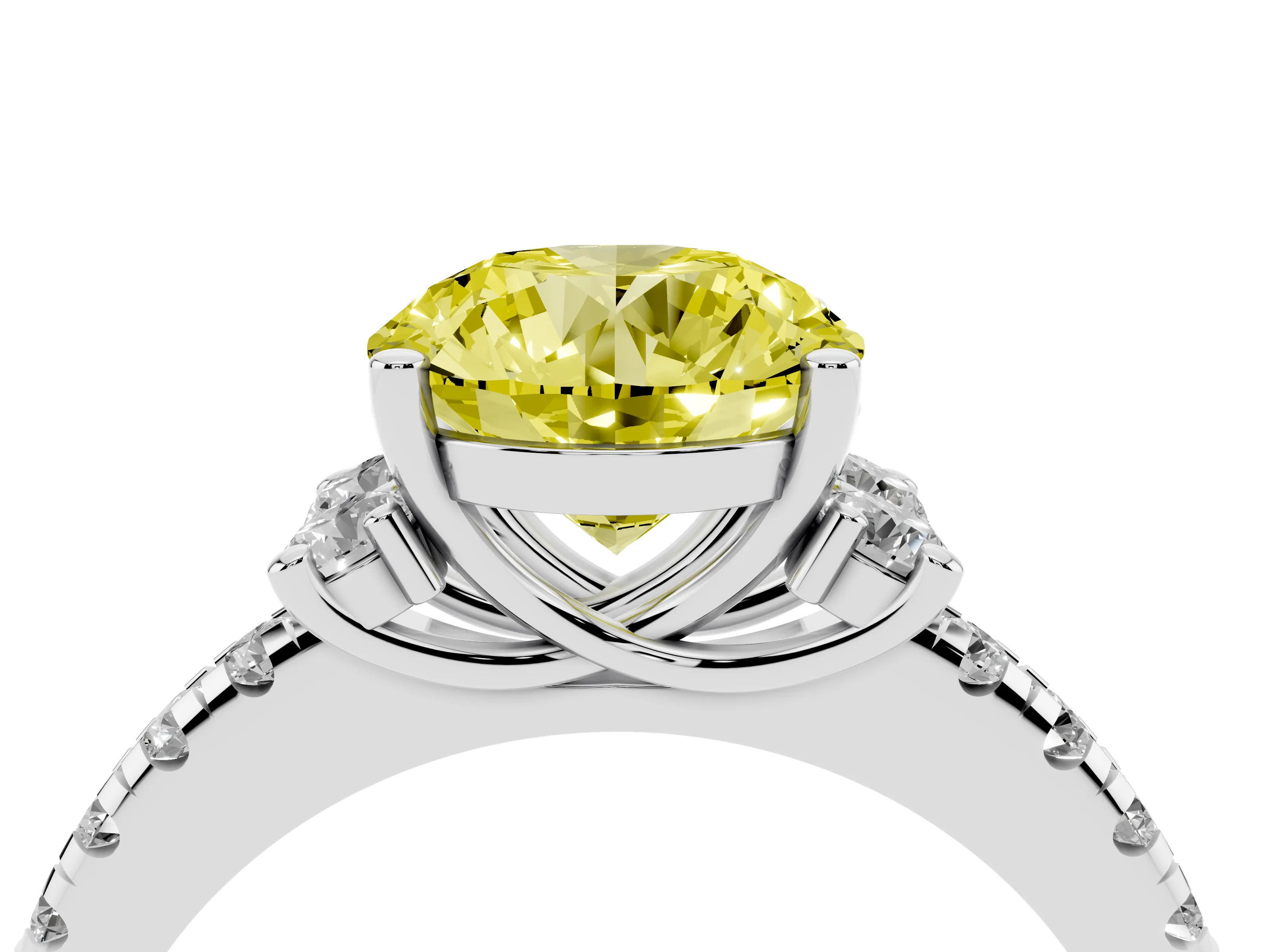 Fancy Yellow Round Cut Diamond Three-Stone Pavé Ring Set in White gold with Prong Setting