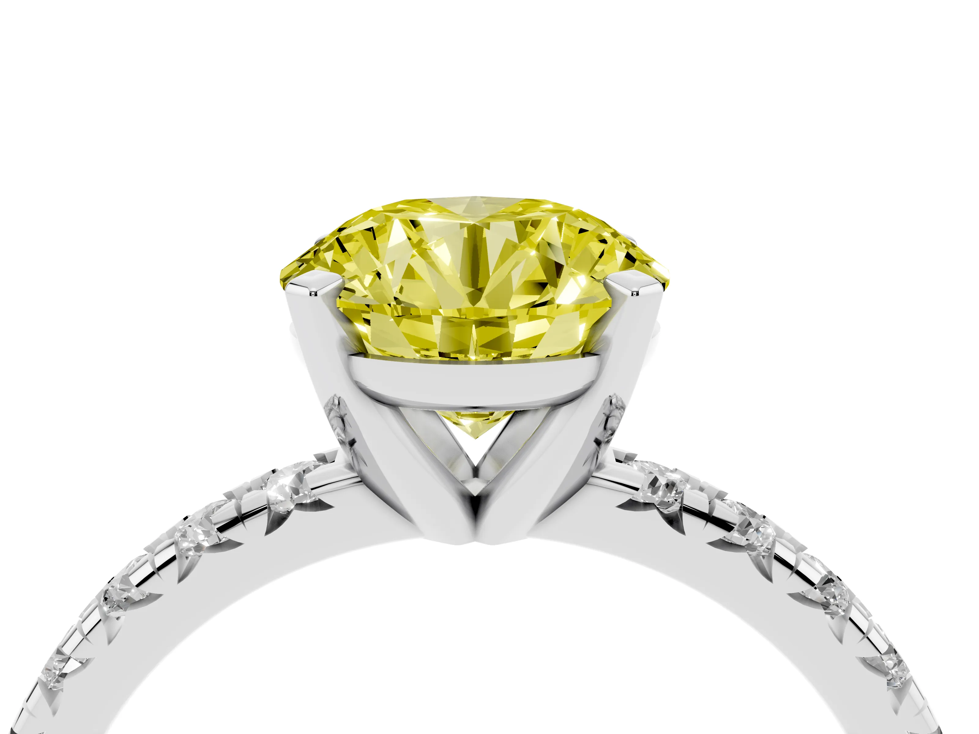 Fancy Yellow Round Cut Diamond Solitaire Pavé Engagement Ring Set in White gold with Round Band and Prong Setting