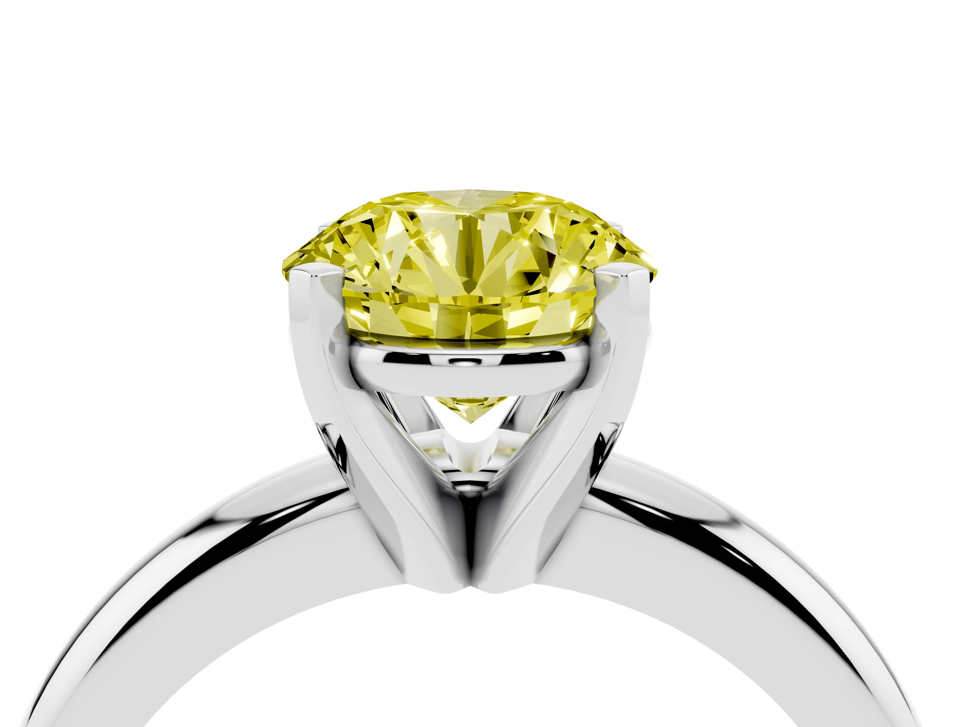 Fancy Yellow Round Cut Diamond Solitaire Engagement Ring Set in White gold with Round Band and Prong Setting
