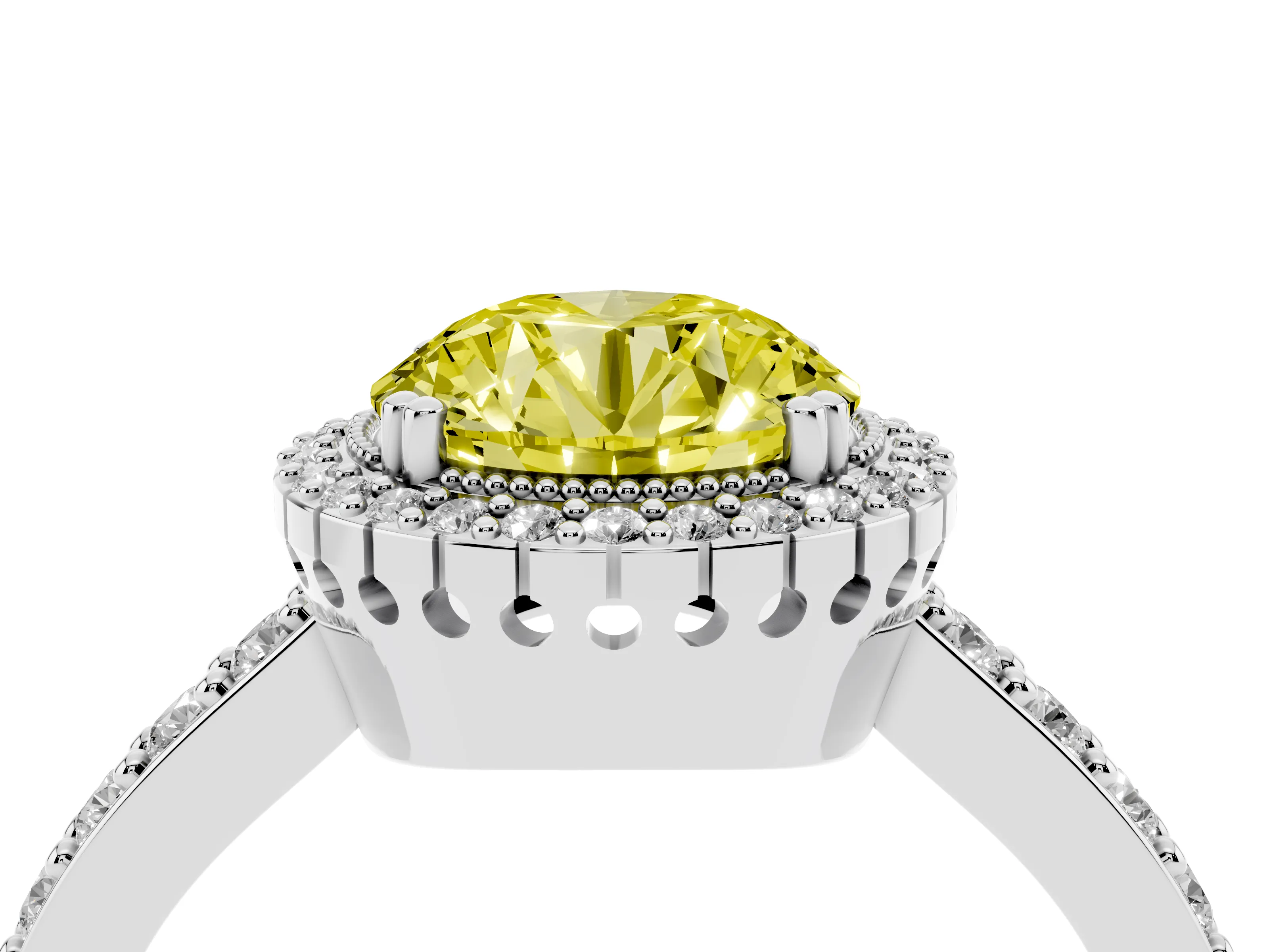 Fancy Yellow Round Cut Diamond Halo Engagement Ring Set in White gold with Milgrain Detail and Pavé Band
