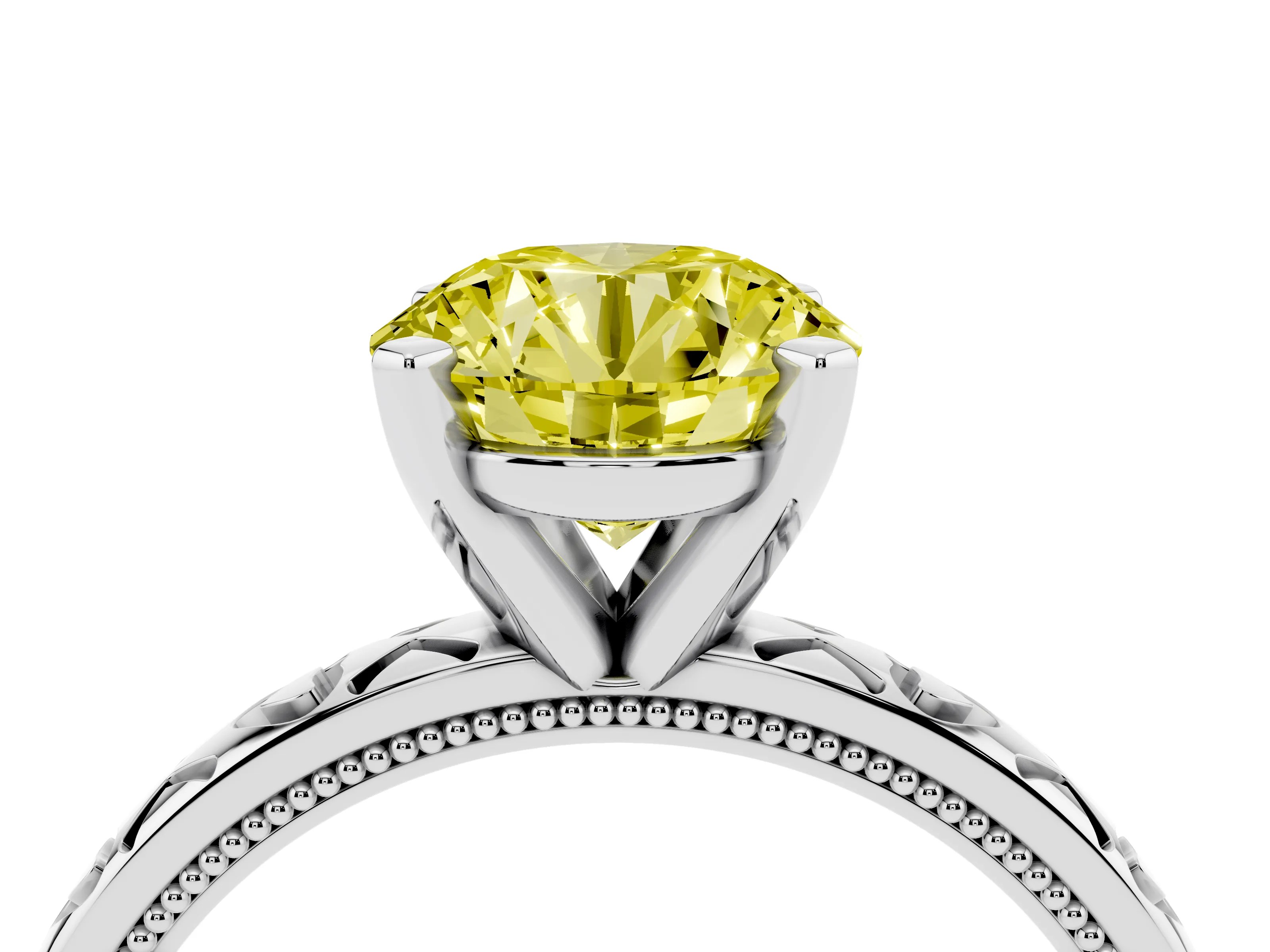 Fancy Yellow Round Cut Diamond Solitaire Engagement Ring Set in White gold with XO Engraved Band and Prong Setting