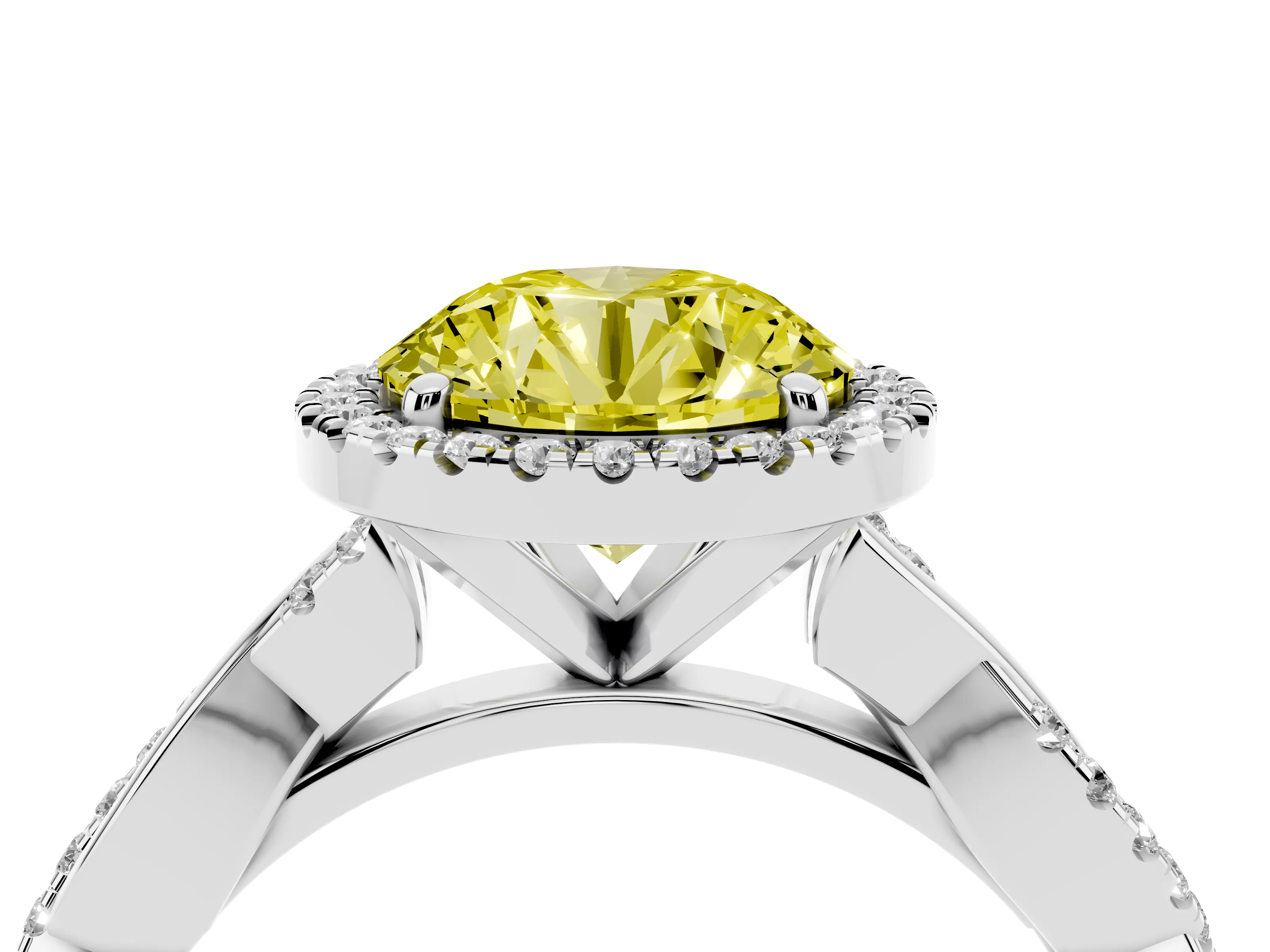Fancy Yellow Round Cut Diamond Halo Twisted Band Ring Set in Silver with Prong Setting