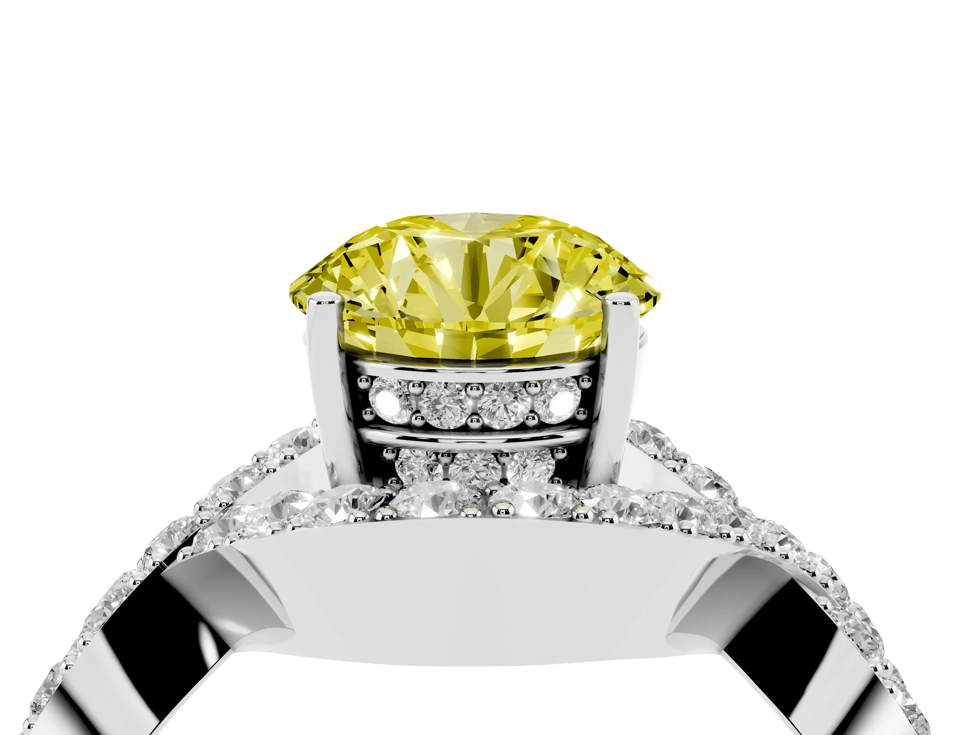 Fancy Yellow Round Cut Diamond Solitaire Twist Band Pavé Engagement Ring Set in Platinum