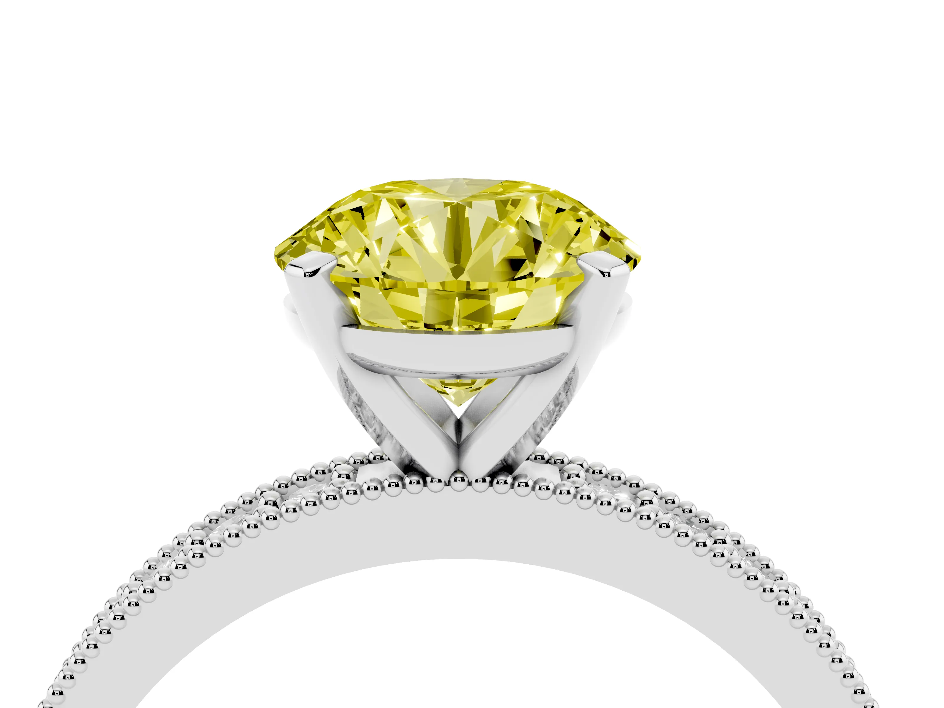 Fancy Yellow Round Cut Diamond Milgrain Pavé Engagement Ring Set in Platinum with Prong Setting