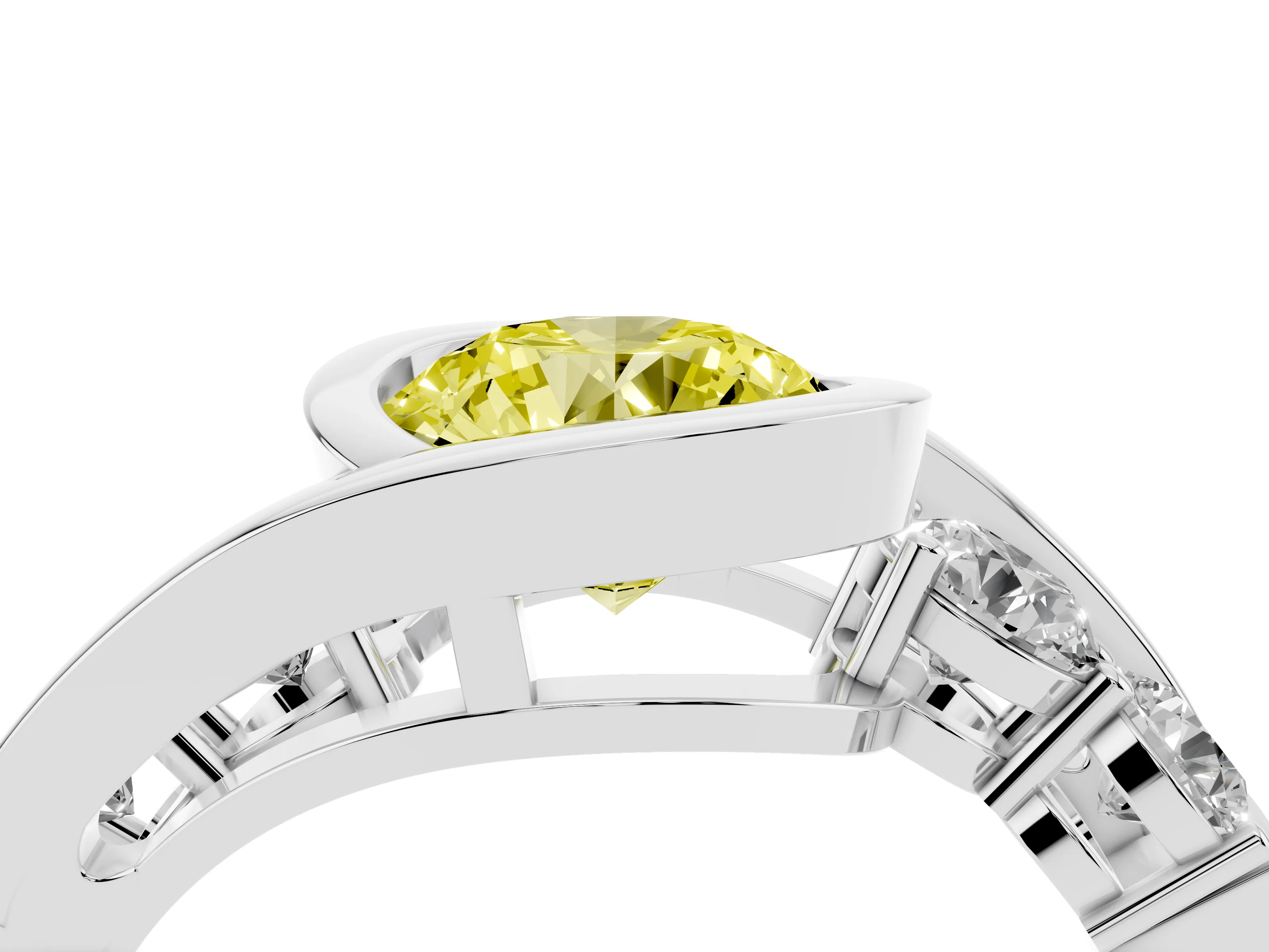 Fancy Yellow Round Cut Diamond Bezel Bypass Ring Set in Silver with Round Accents