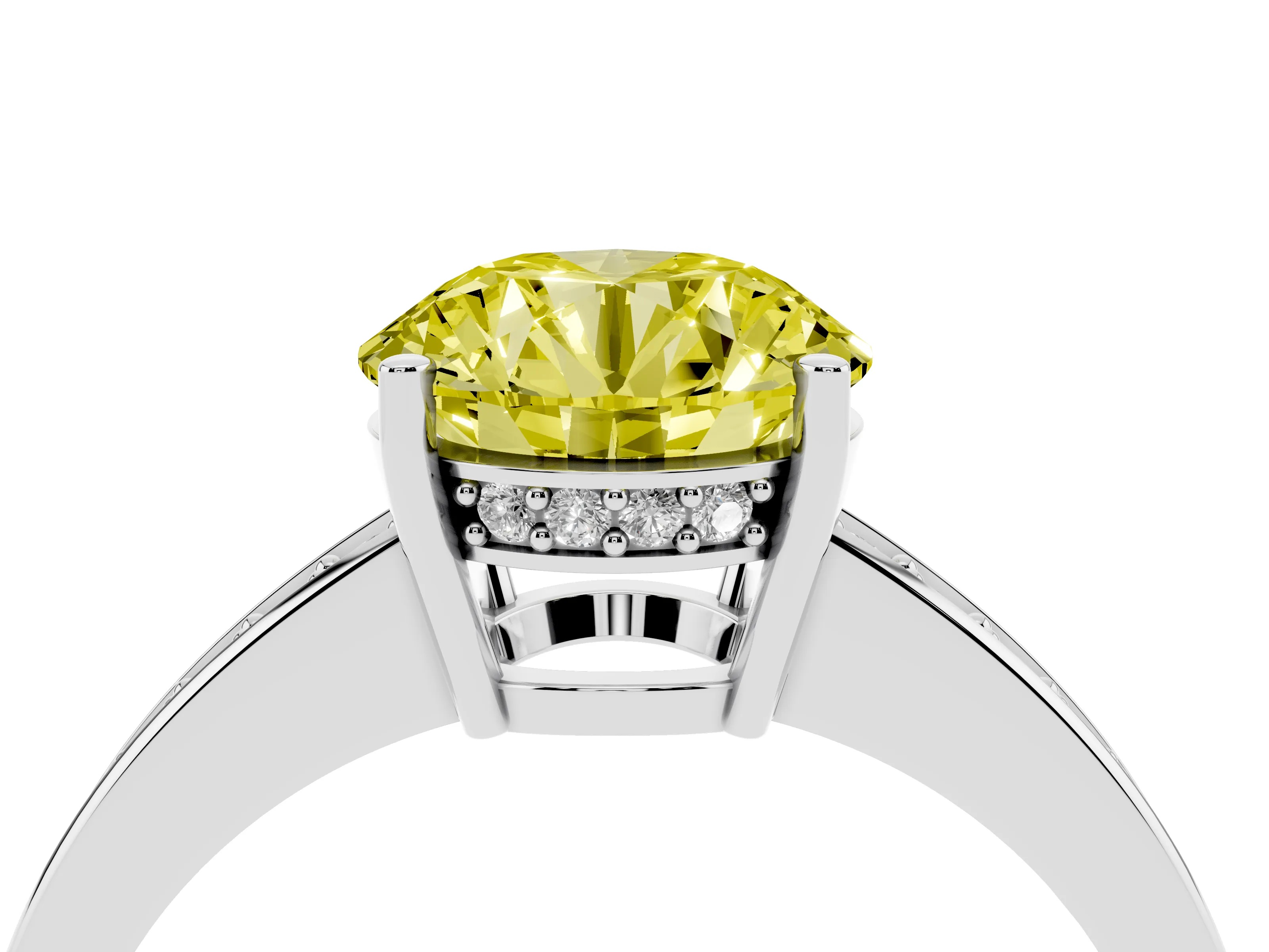 Fancy Yellow Round Cut Diamond Pavé Band Prong Set Solitaire Ring Set in Platinum