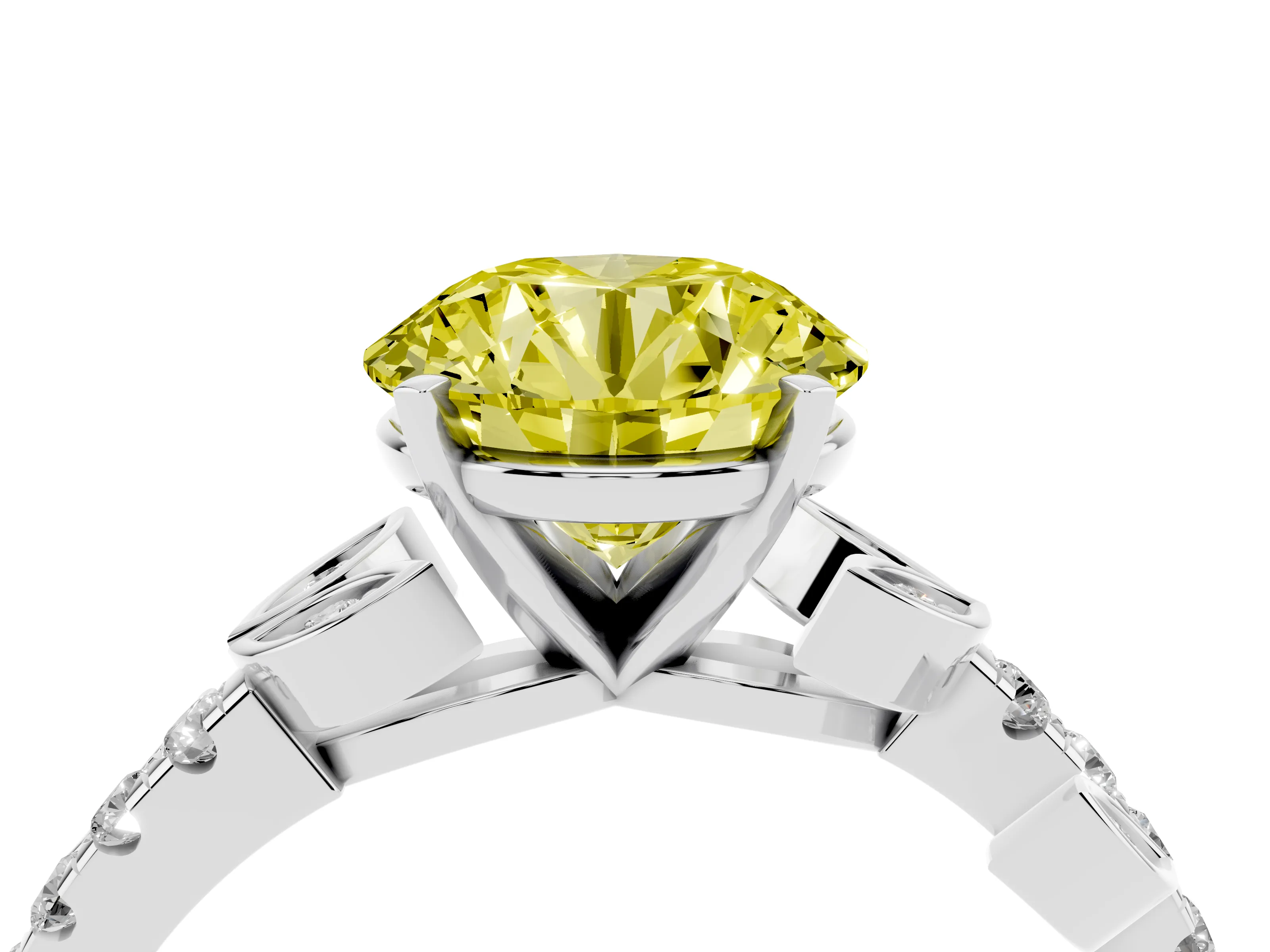 Fancy Yellow Round Cut Diamond Solitaire Leaf-Inspired Ring Set in Platinum with Pavé Band and Prong Setting