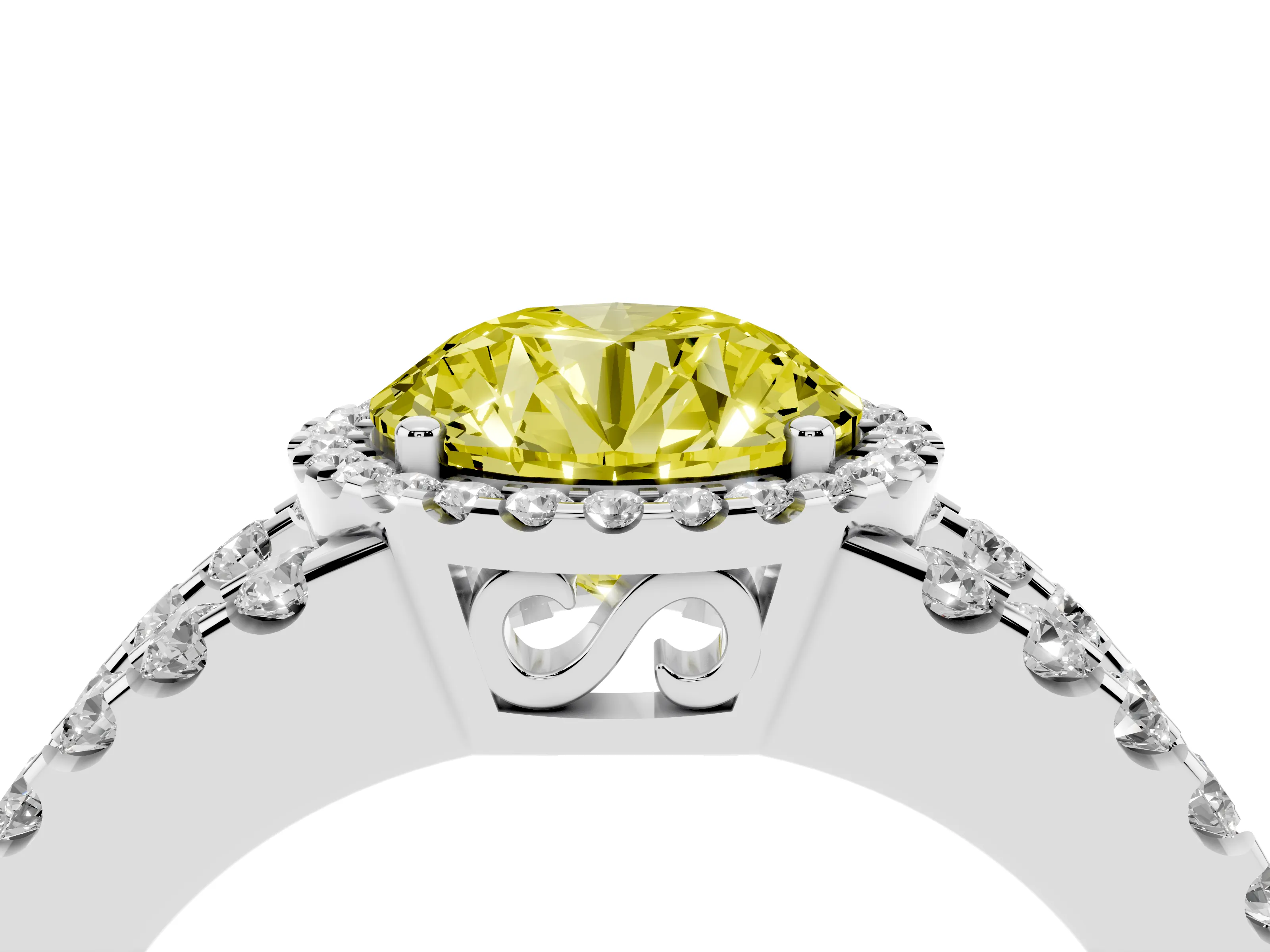 Fancy Yellow Round Cut Diamond Halo Ring Set in Platinum with Pavé Split Shank and Prong Setting
