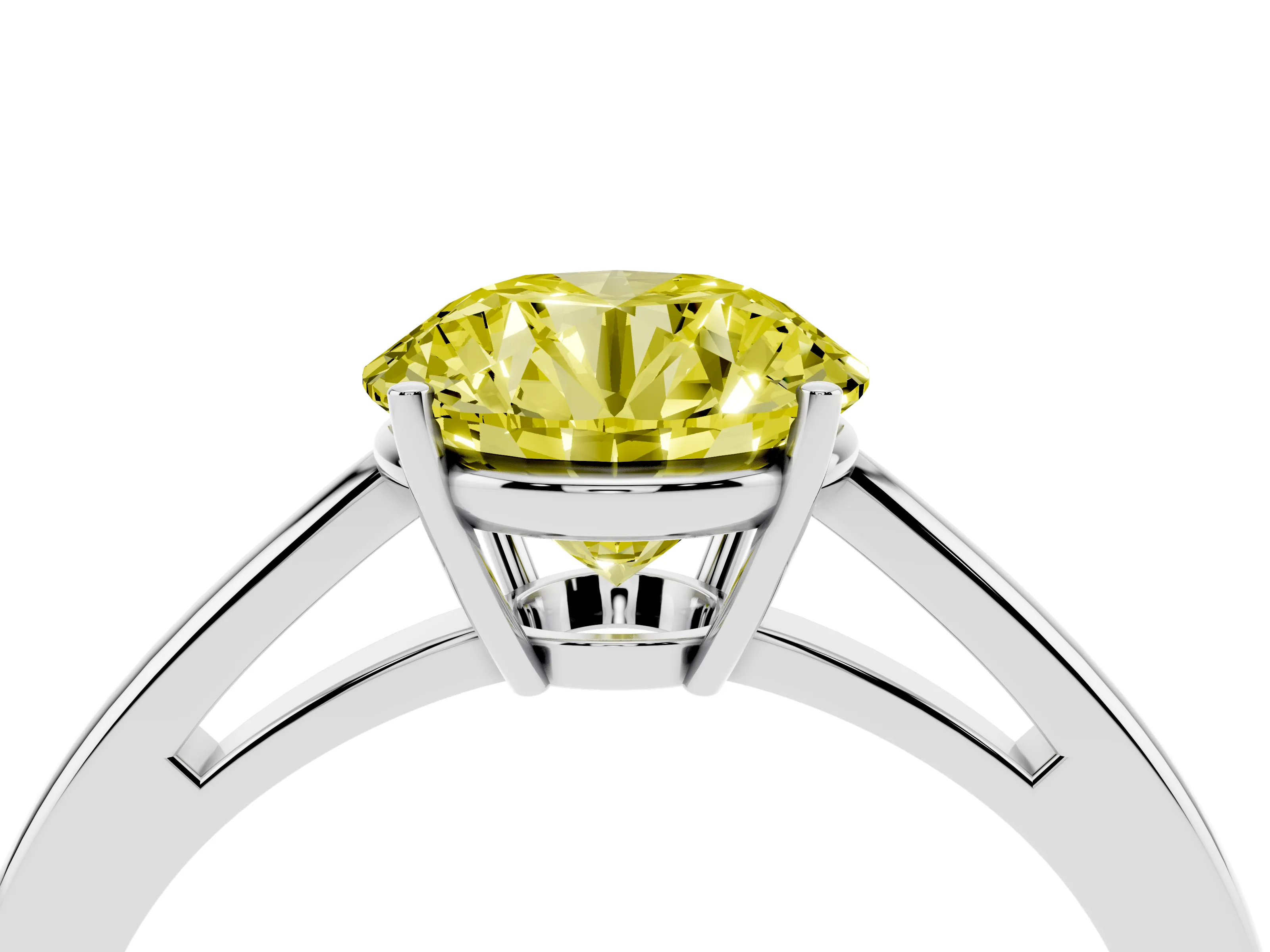Fancy Yellow Round Cut Diamond Solitaire Ring Set in Platinum with Split Shank and Prong Setting