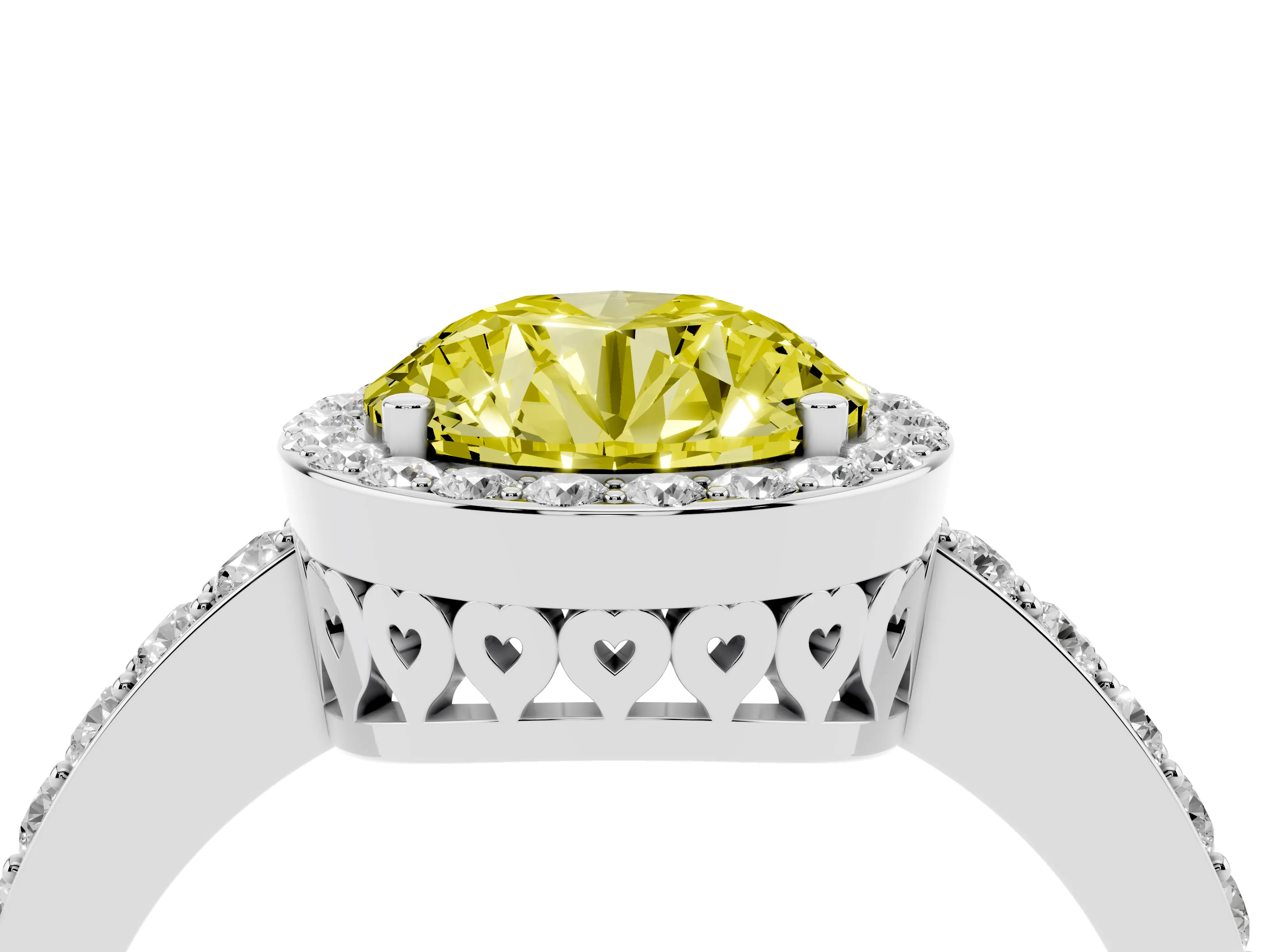 Fancy Yellow Round Cut Diamond Halo Ring Set in White gold with Pavé-Setting Band and Open Prong Center
