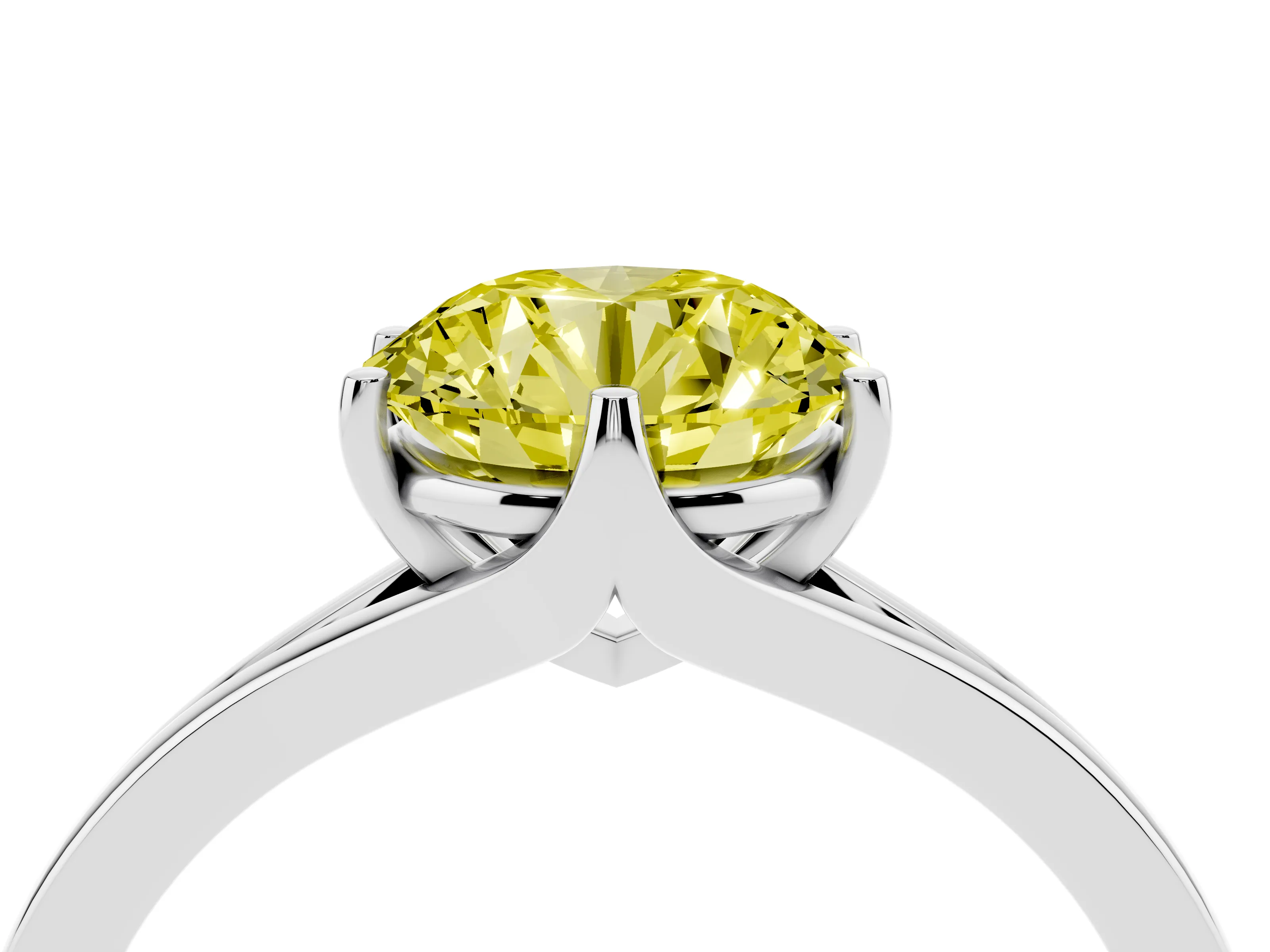 Fancy Yellow Round Cut Diamond Solitaire Ring Set in Silver with Polished Tapered Band and Prong Setting