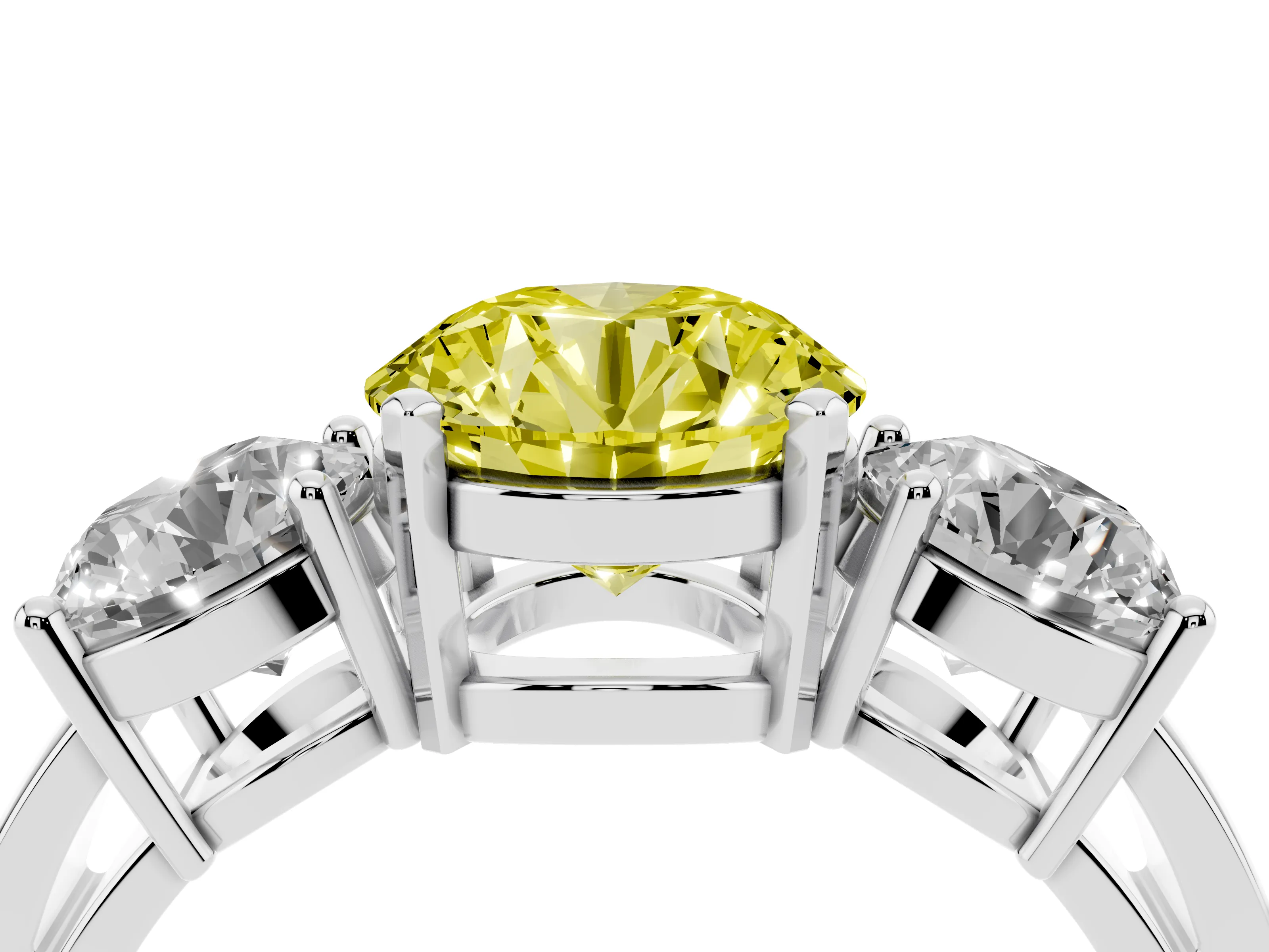 Fancy Yellow Round Cut Diamond Three-Stone Ring Set in Silver with Round Side Stones and Classic Band