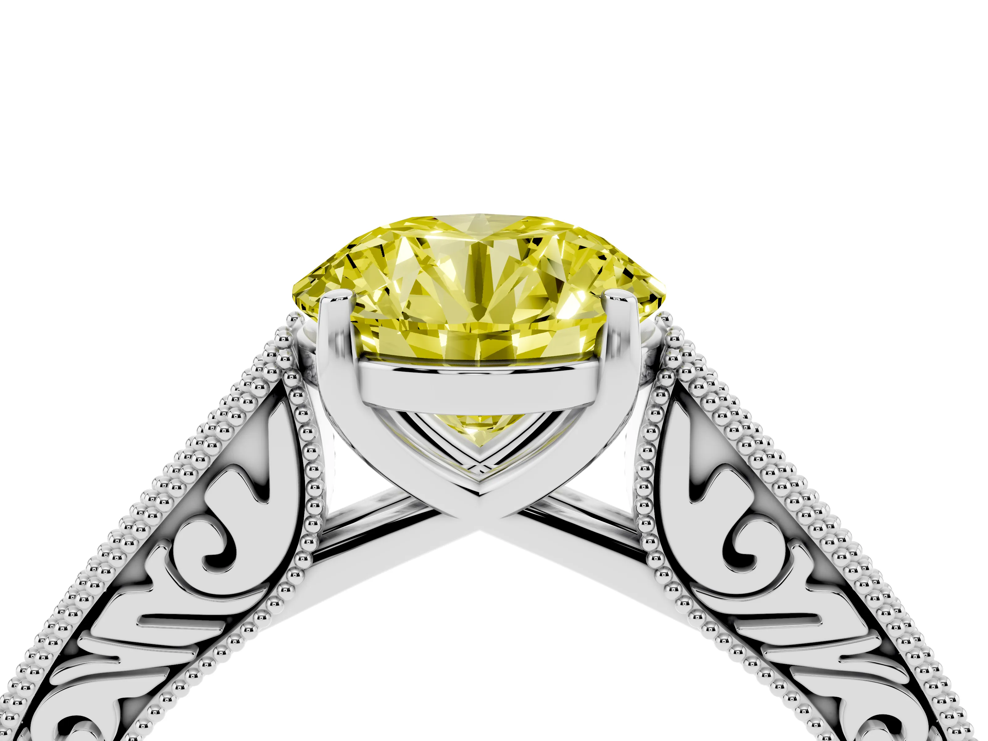 Fancy Yellow Round Cut Diamond Milgrain Pavé Band Solitaire Ring Set in Silver with Prong Setting