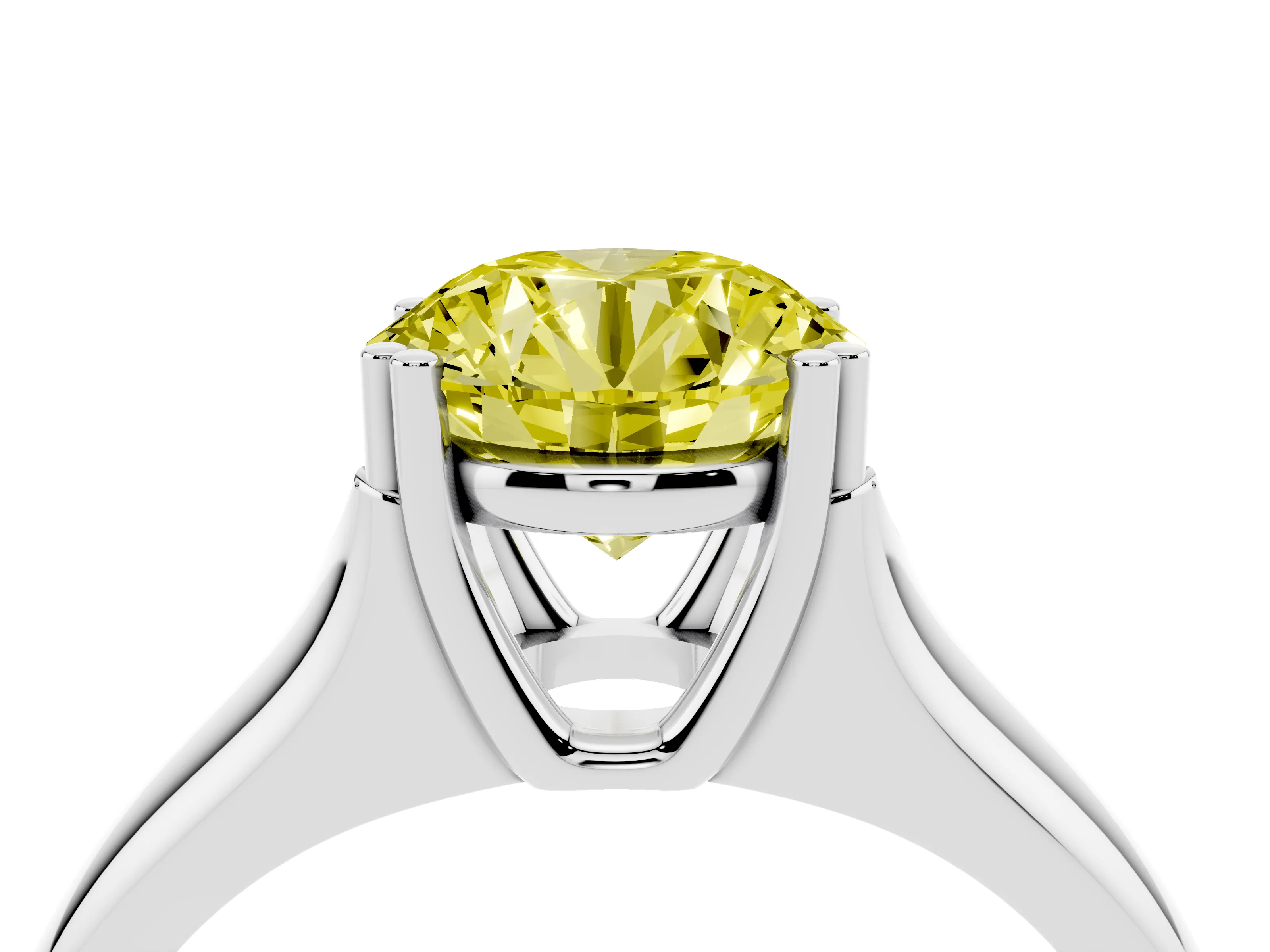 Fancy Yellow Round Cut Diamond Solitaire Ring Set in Platinum with Wide Band and Prong Setting