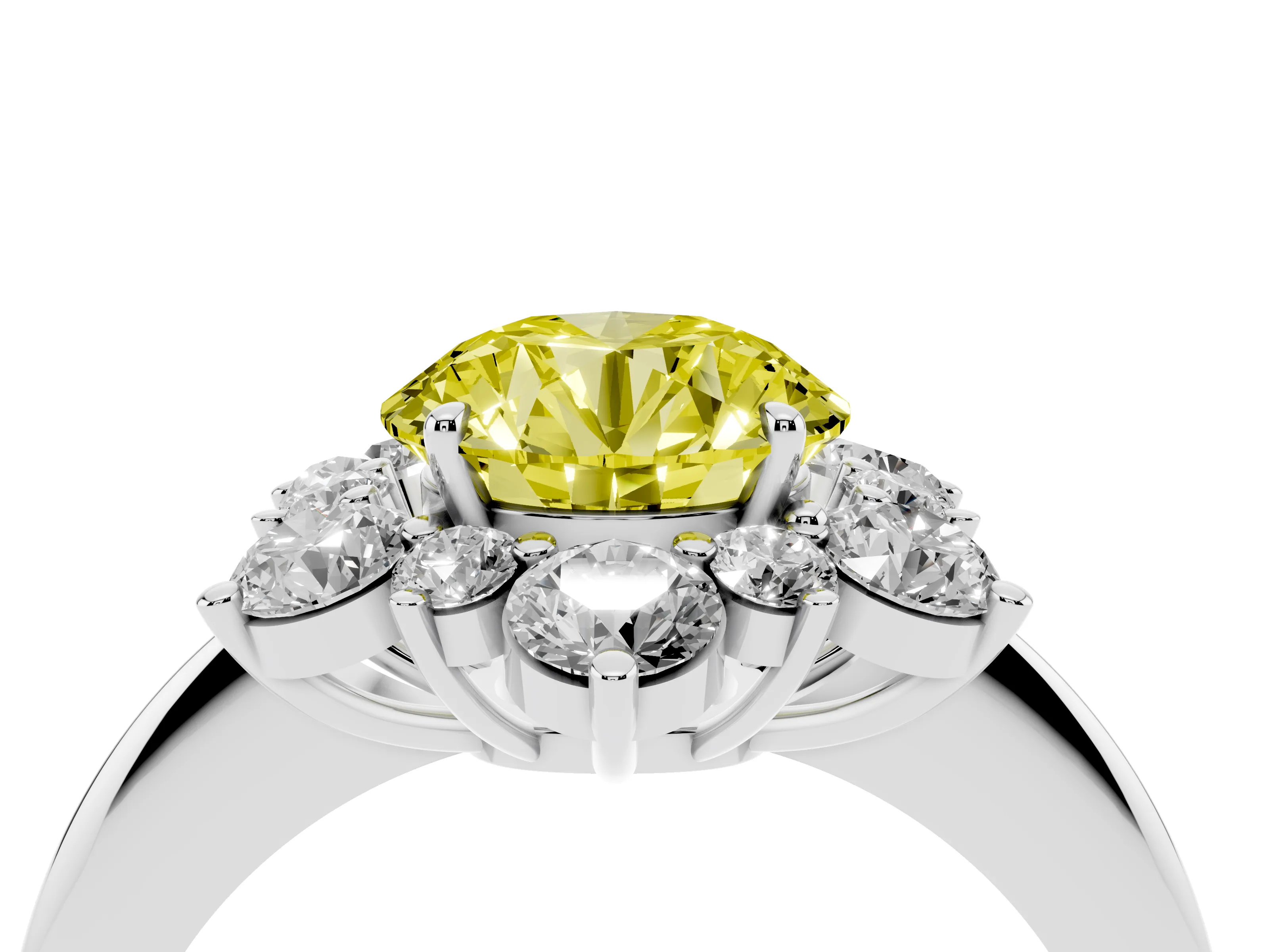Fancy Yellow Round Cut Diamond Cluster Halo Ring Set in Silver with Solitaire Band and Prong Setting