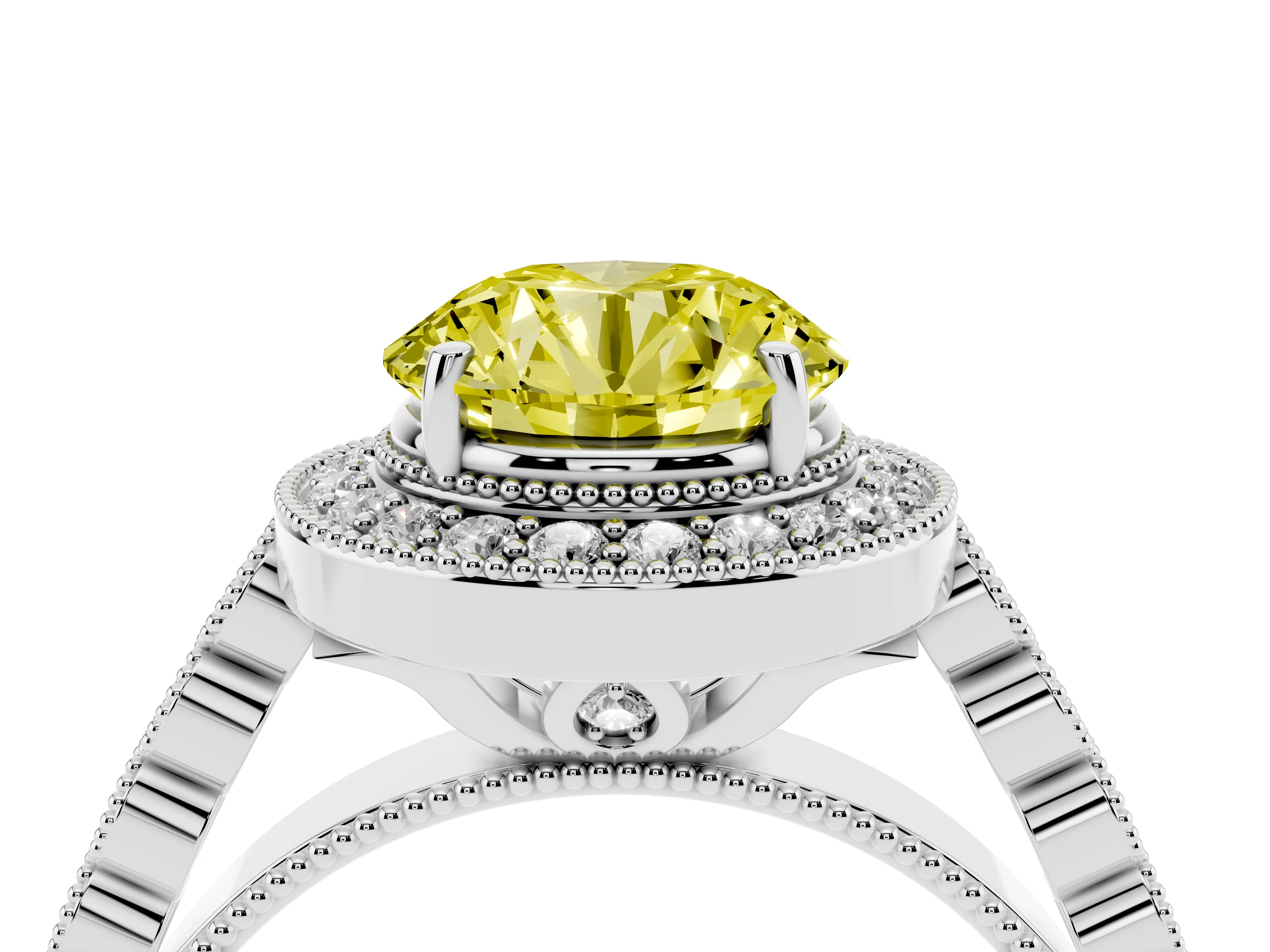 Fancy Yellow Round Cut Diamond Milgrain Halo Solitaire Ring Set in Silver with Bezel Set Side Stones and Pavé Band