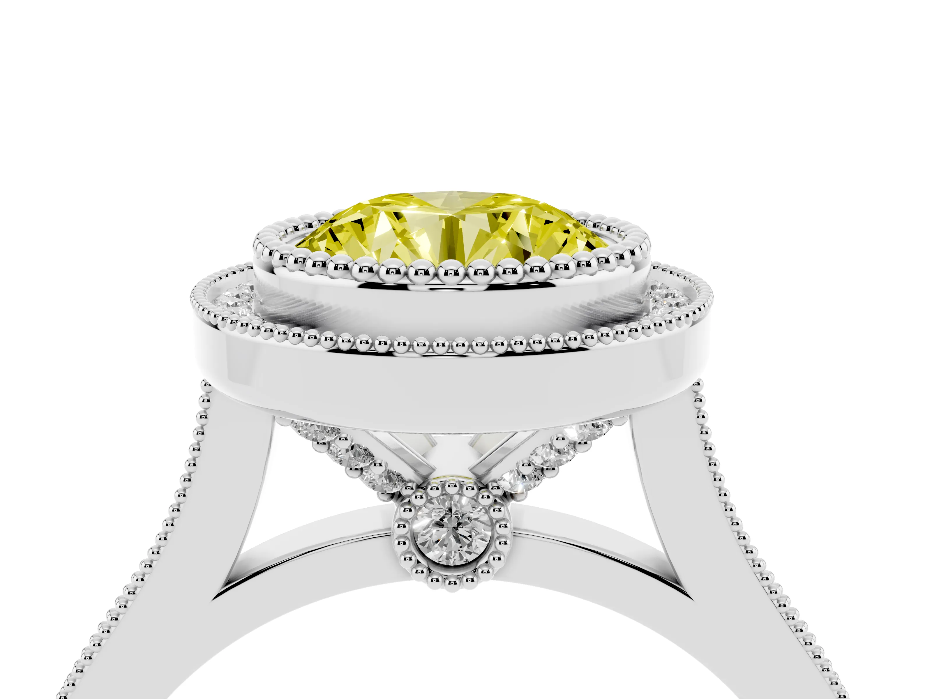 Fancy Yellow Round Cut Diamond Halo Ring Set in Silver with Milgrain Frame and Pavé Band